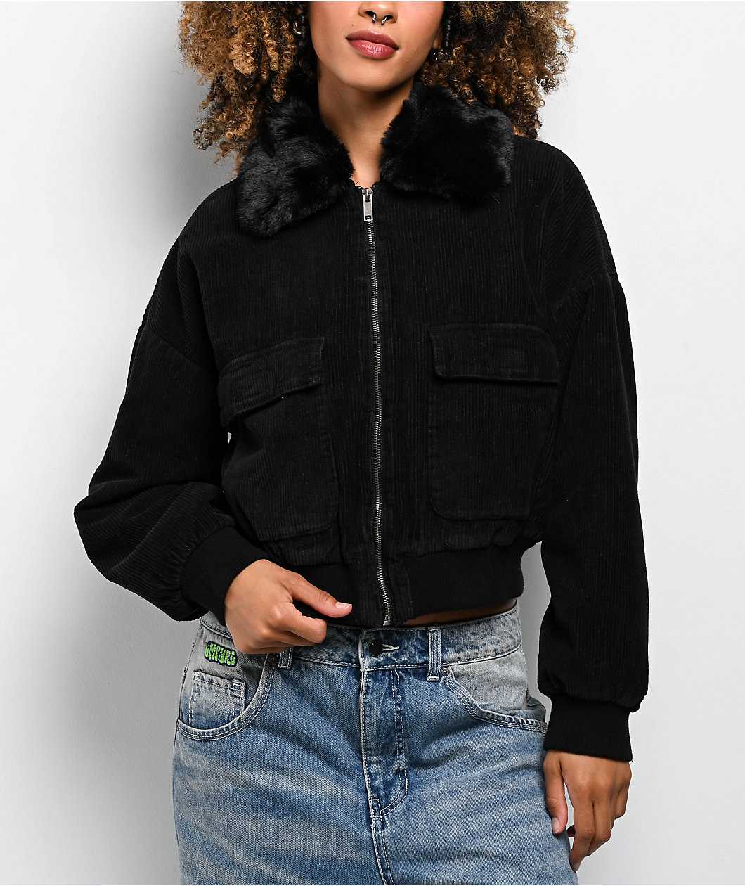 STOOSH Faux Fur Black Corduroy Crop Bomber Jacket