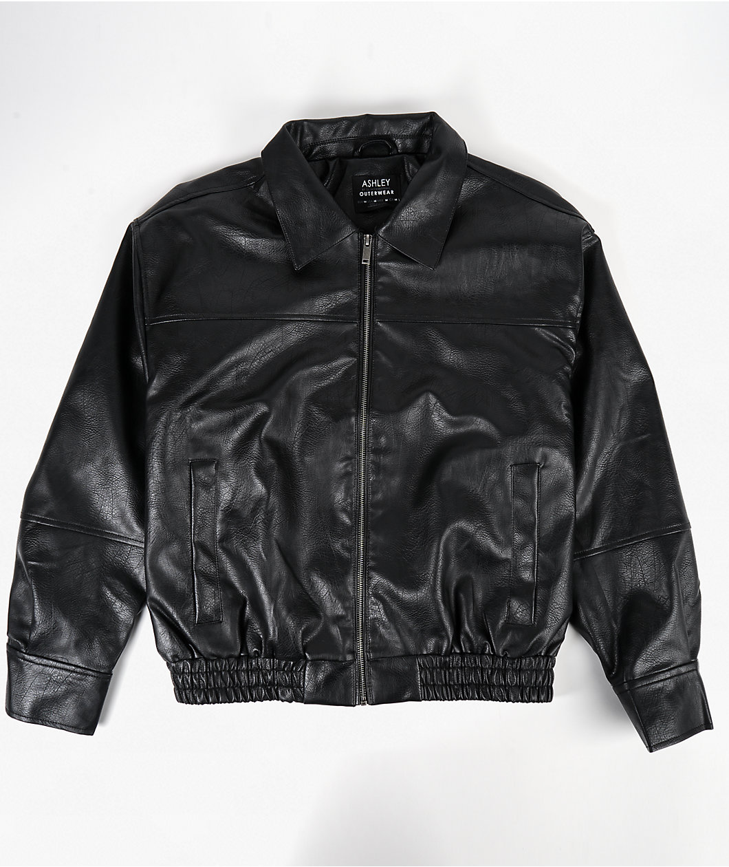 STOOSH Leather Black Oversized Bomber Jacket
