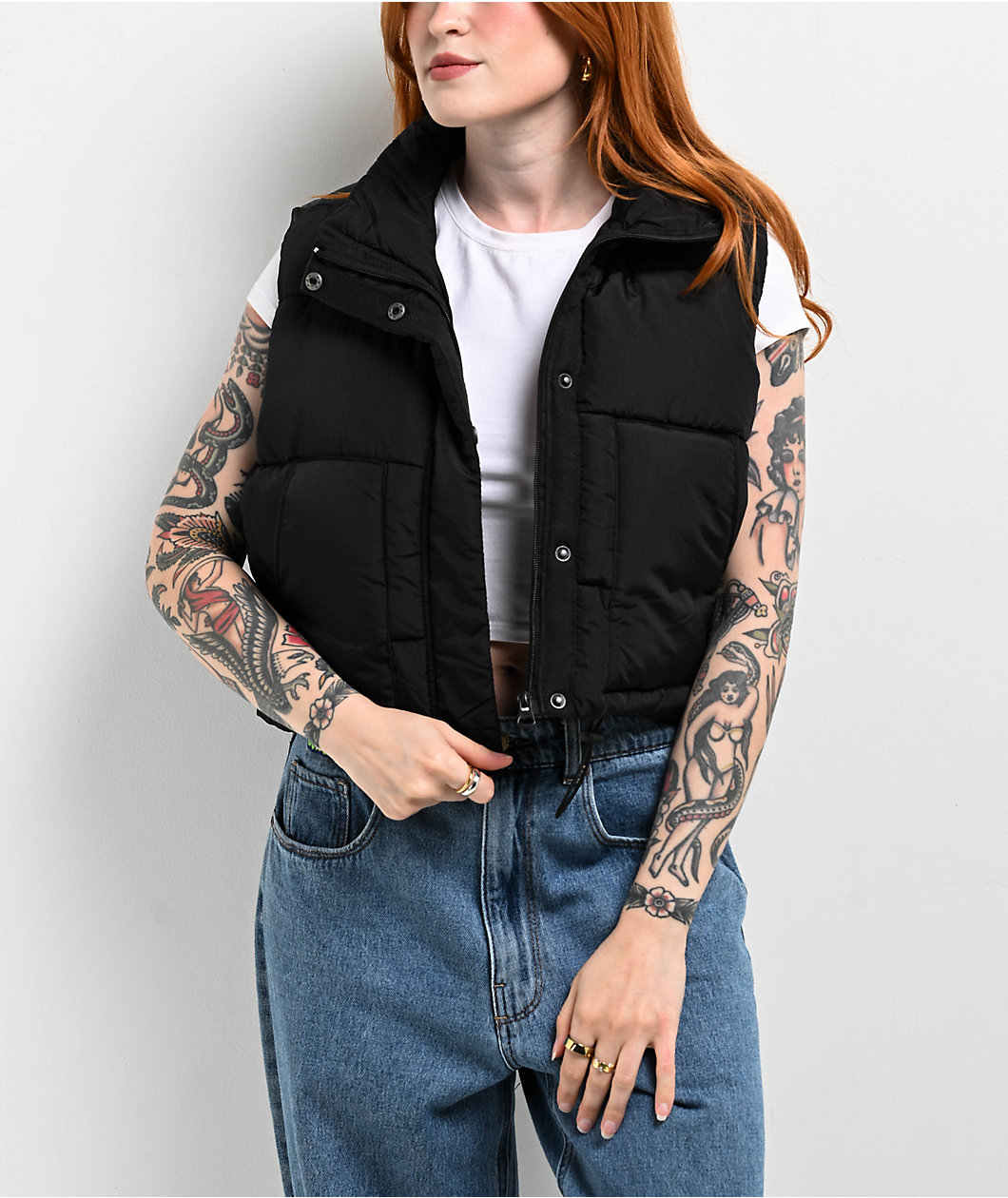 STOOSH Quilted Black Crop Puffer Vest