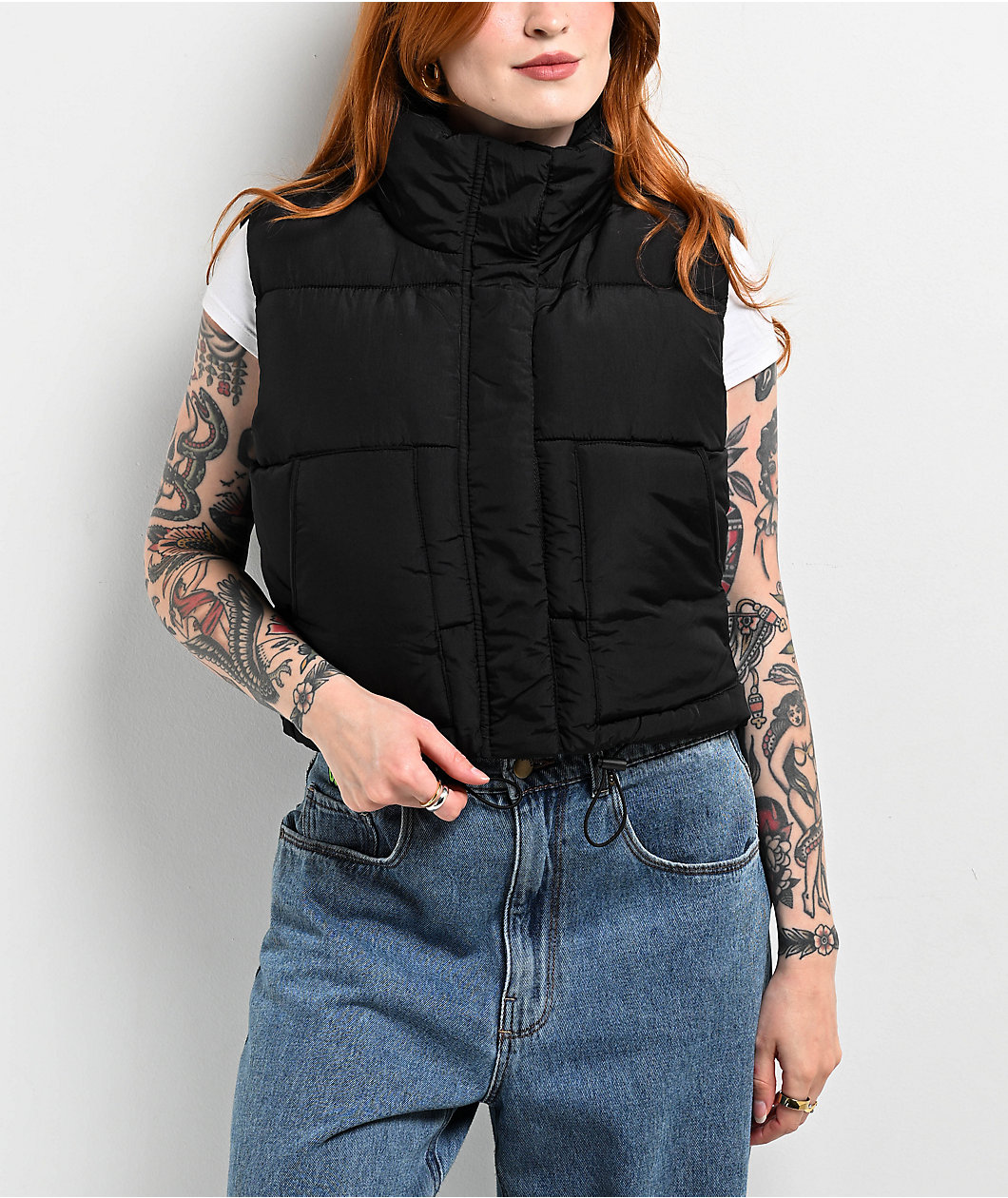 STOOSH Quilted Black Crop Puffer Vest