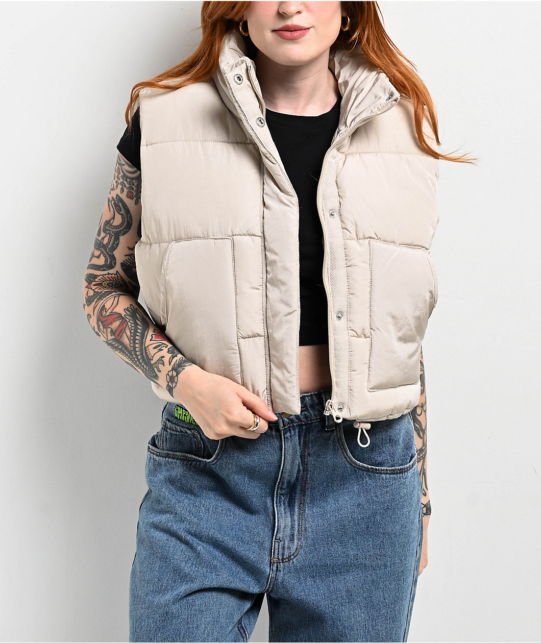 STOOSH Quilted White Crop Puffer Vest