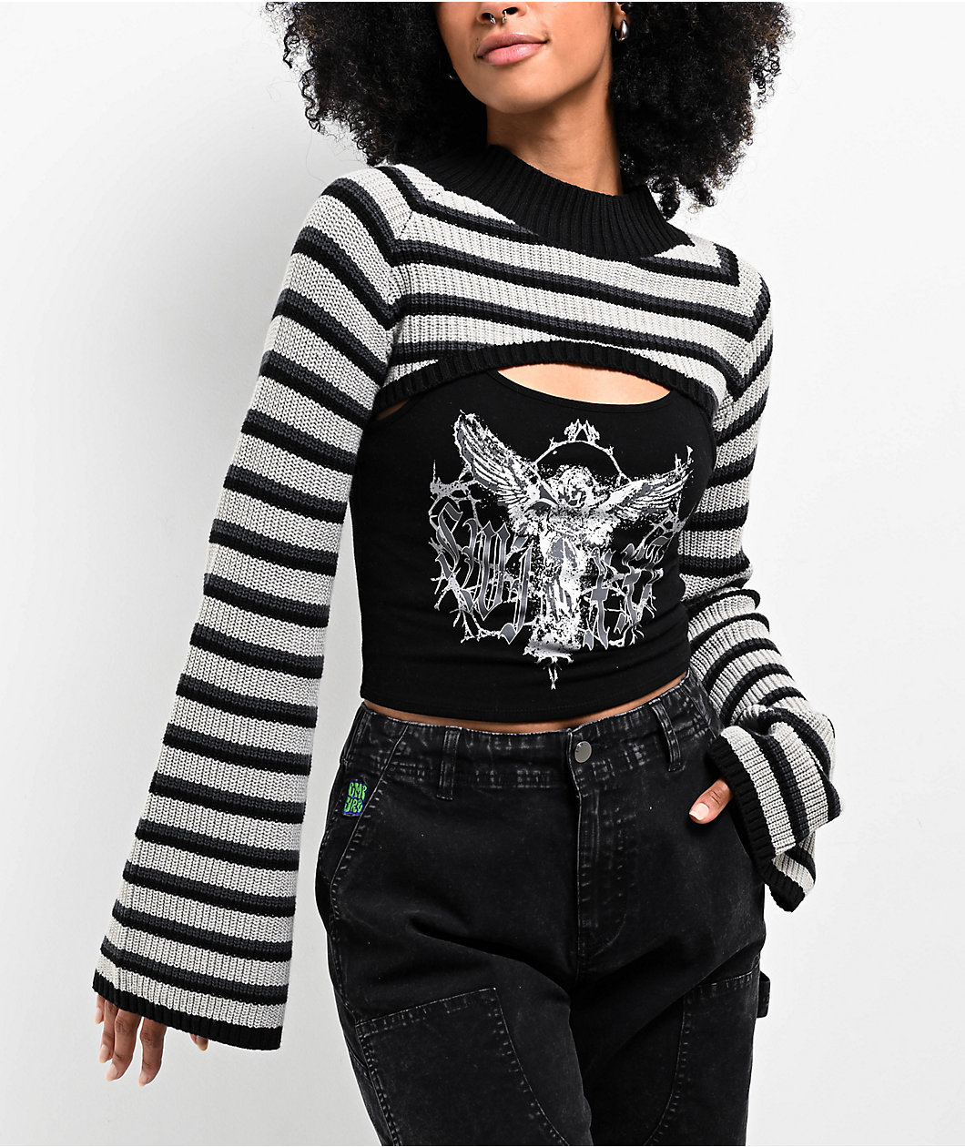 SWIXXZ Heavenly Black & Grey Shrug Crop Tank Top Set