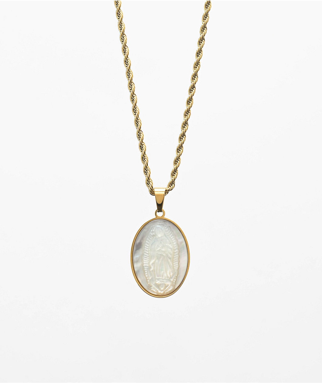 Saint Midas Pearlescent Mother Mary 20" Gold Chain Necklace