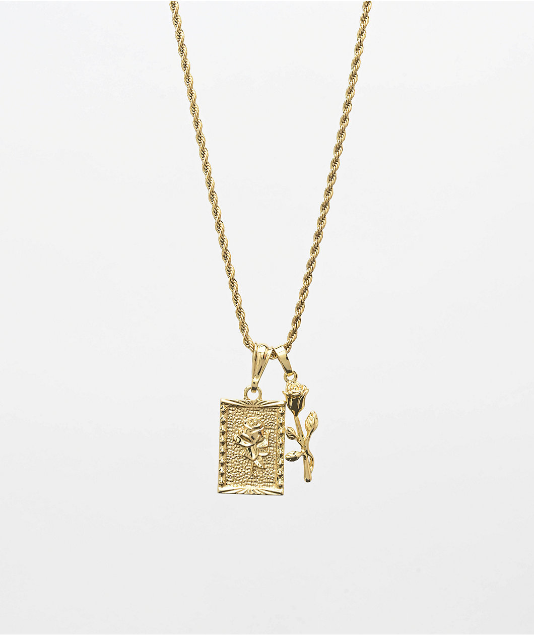 Saint Midas Square & Micro Rose Pendant  20" Gold Chain Necklace