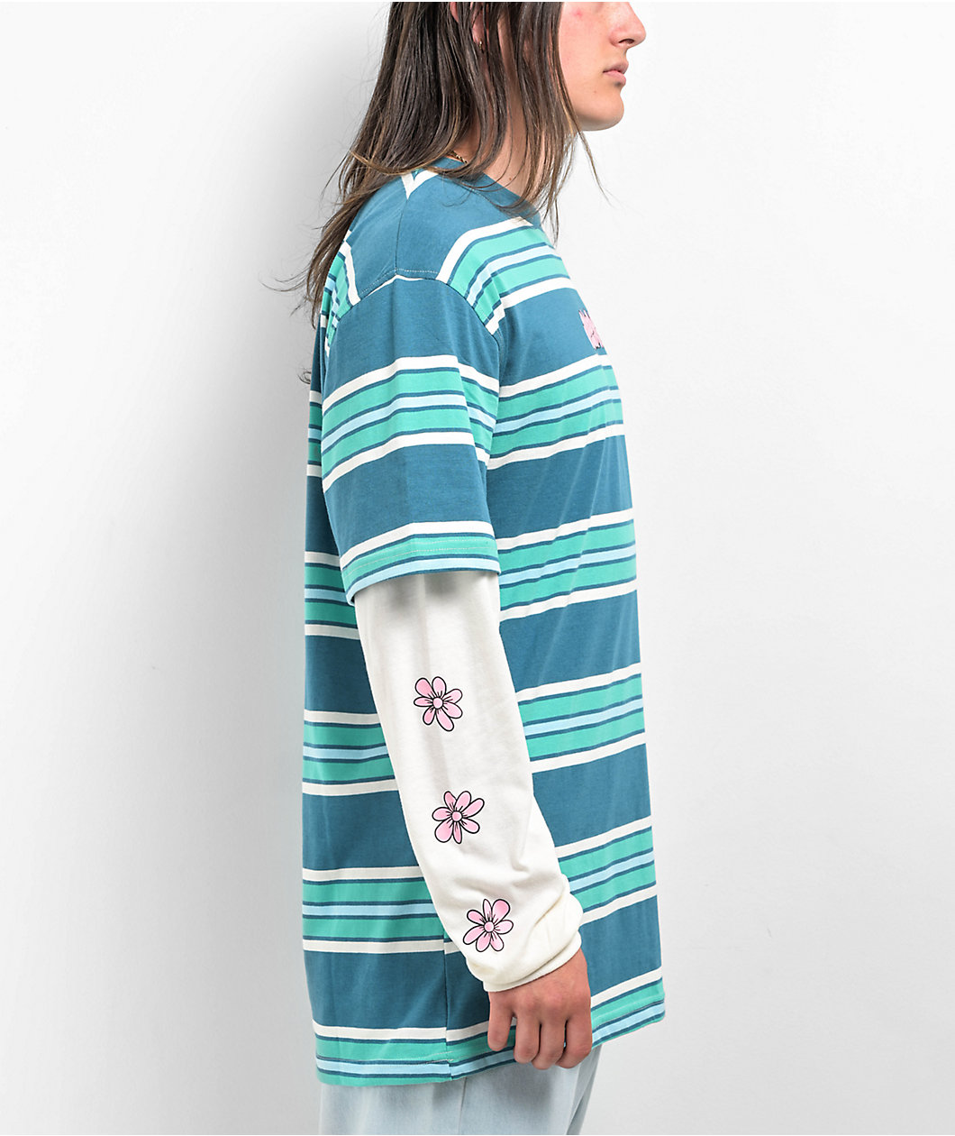 Salem7 Flower Power Blue Stripe 2Fer Long Sleeve T-Shirt