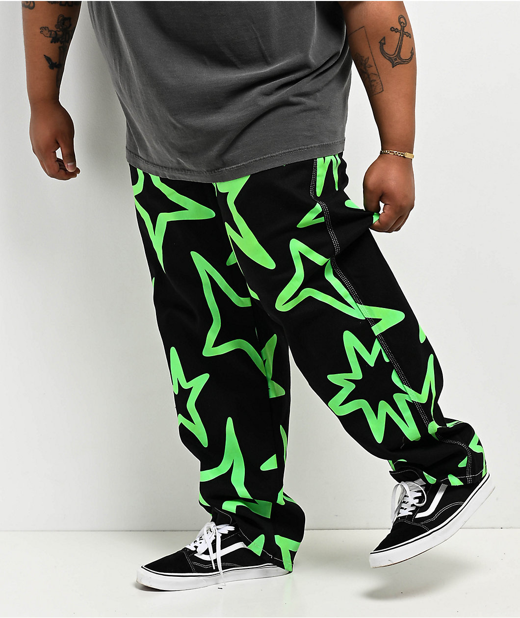 Salem7 Neon Star Black & Green Denim Jeans 