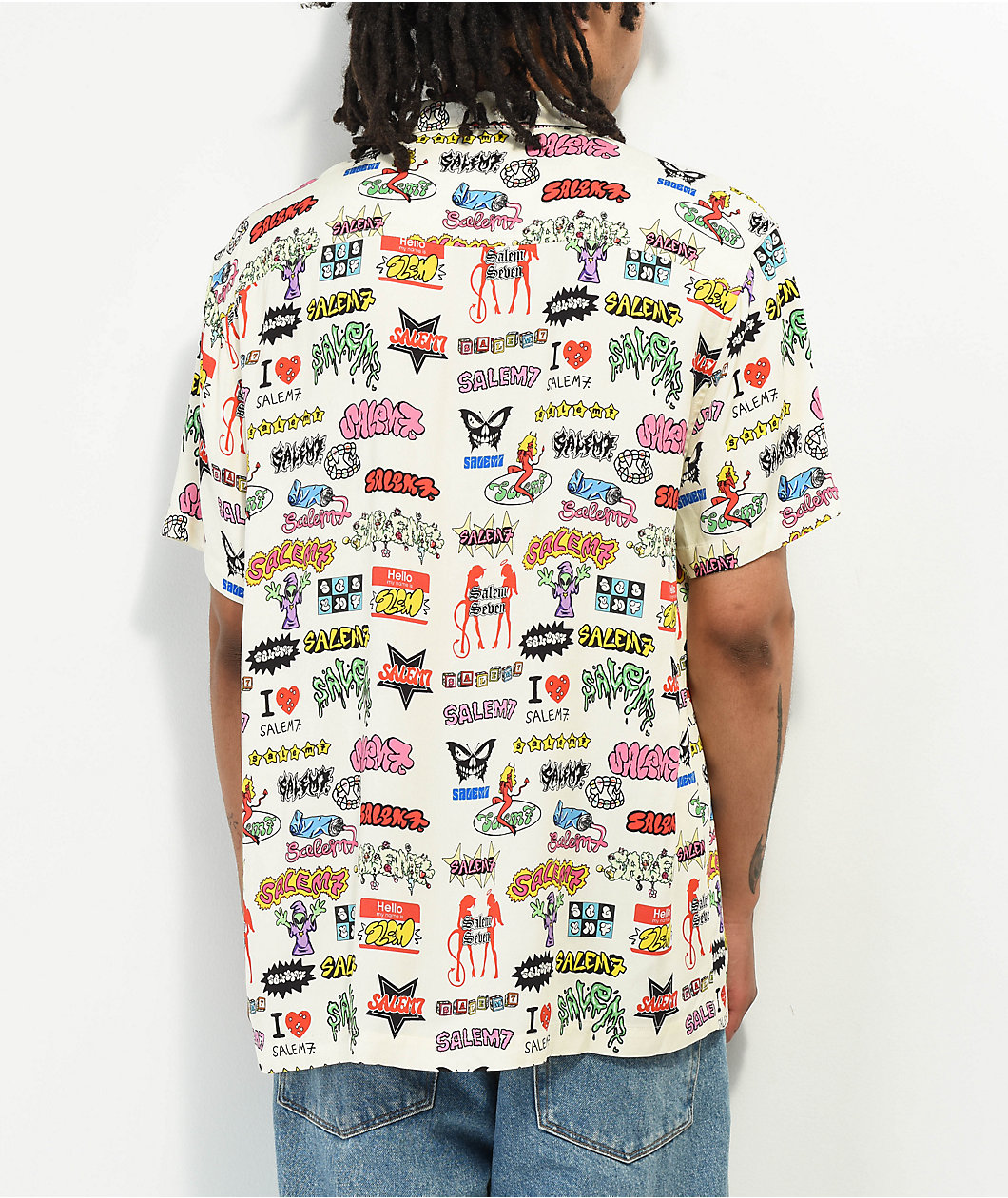 Salem7 Sticker Natural Short Sleeve Button Up Shirt