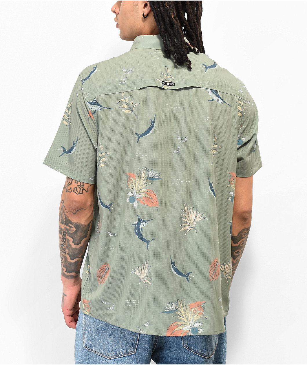 Salty Crew Ernesto Green Perforated Woven Short Sleeve Button Up Shirt