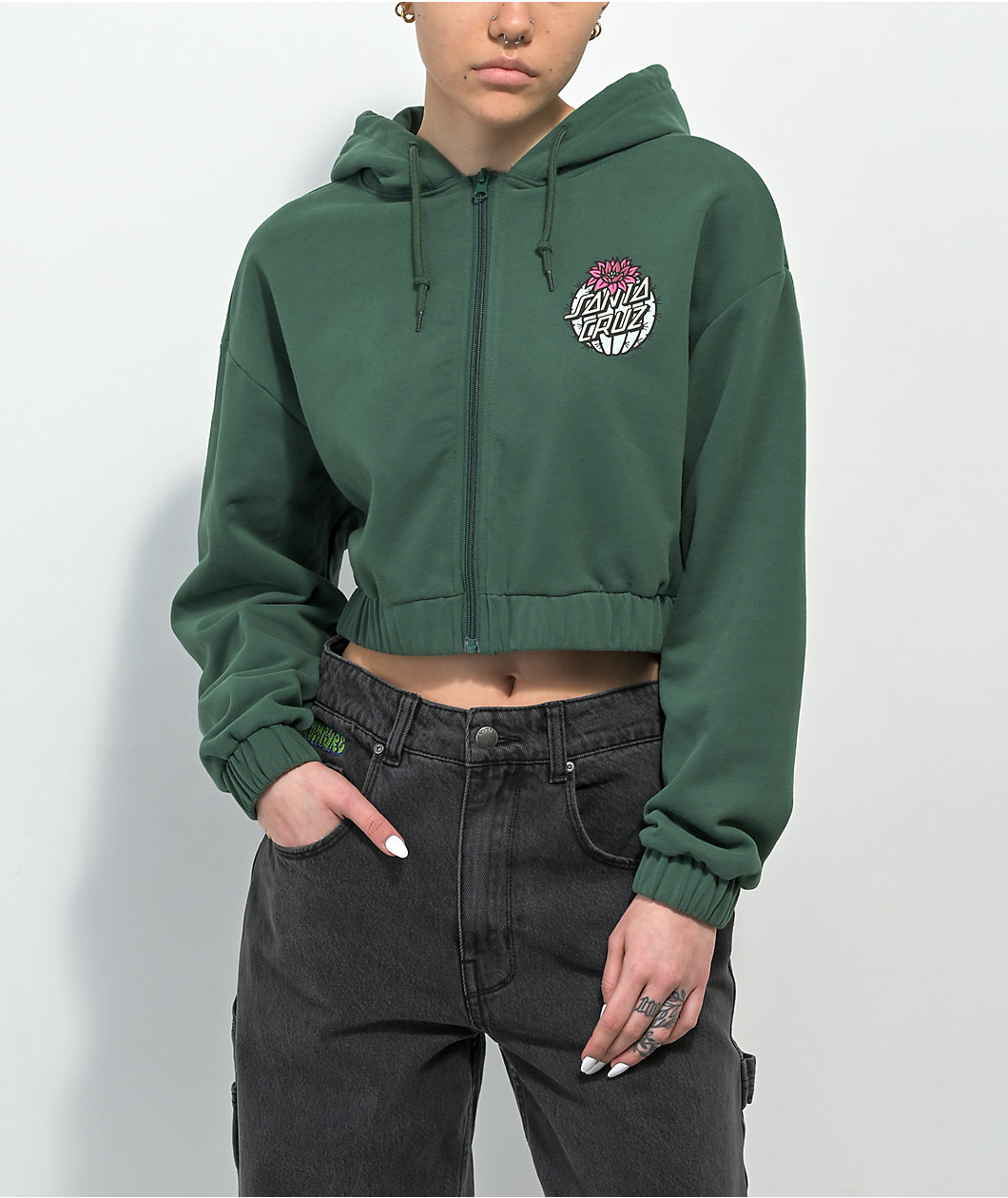 Santa Cruz Cactus Dot Green Zip Crop Hoodie