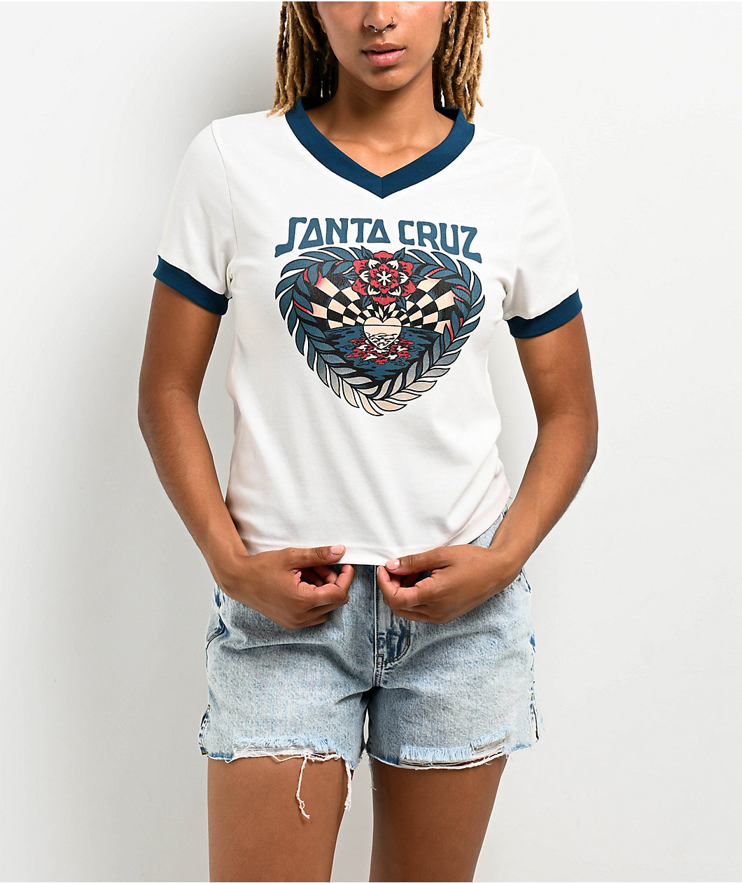 Santa Cruz Heart Set Ringer Ivory Crop T-Shirt