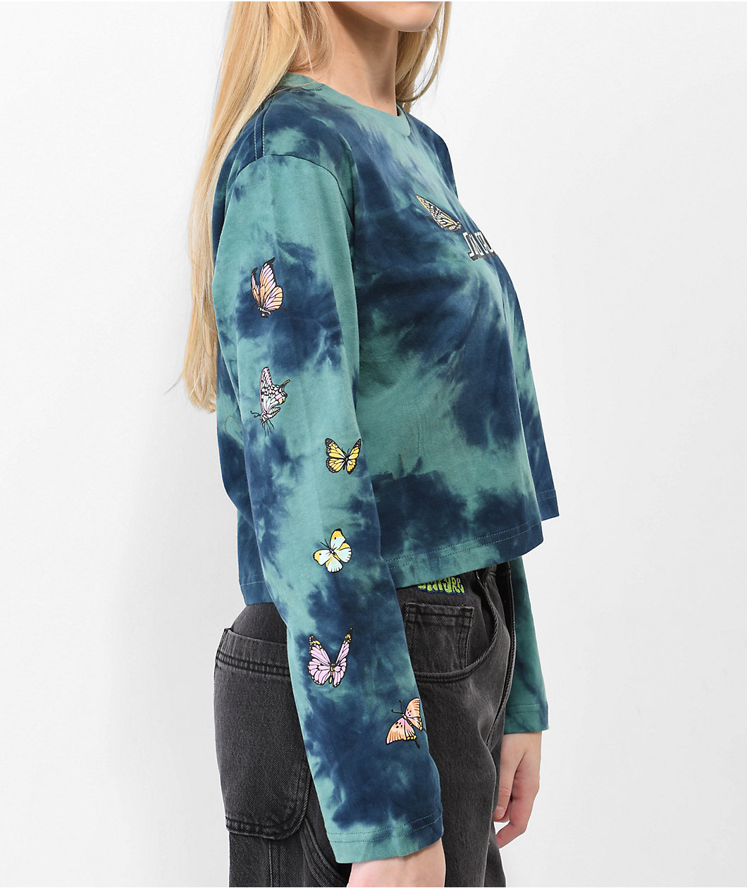 Santa Cruz Scattered Butterfly Blue Tie Dye Crop Long Sleeve T-Shirt