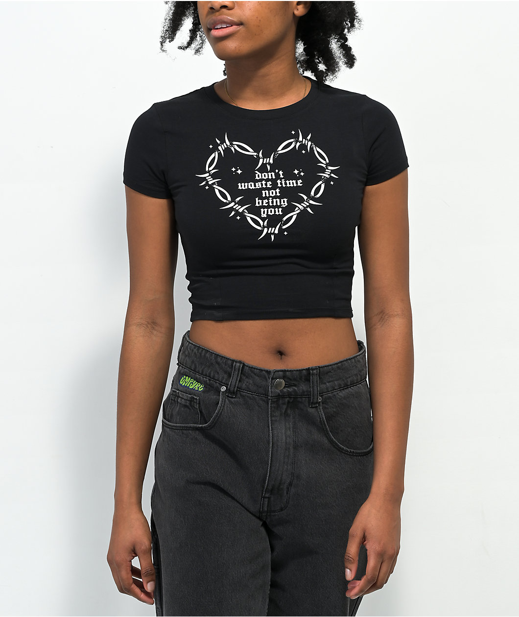 Schaf Don't Waste Time Black Crop T-Shirt