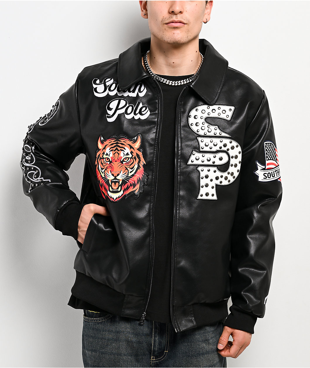 Southpole Stud Tiger Black Bomber Jacket
