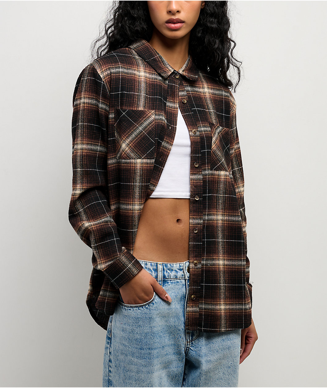 Spicychix Brown Plaid Oversized Long Sleeve Flannel Shirt