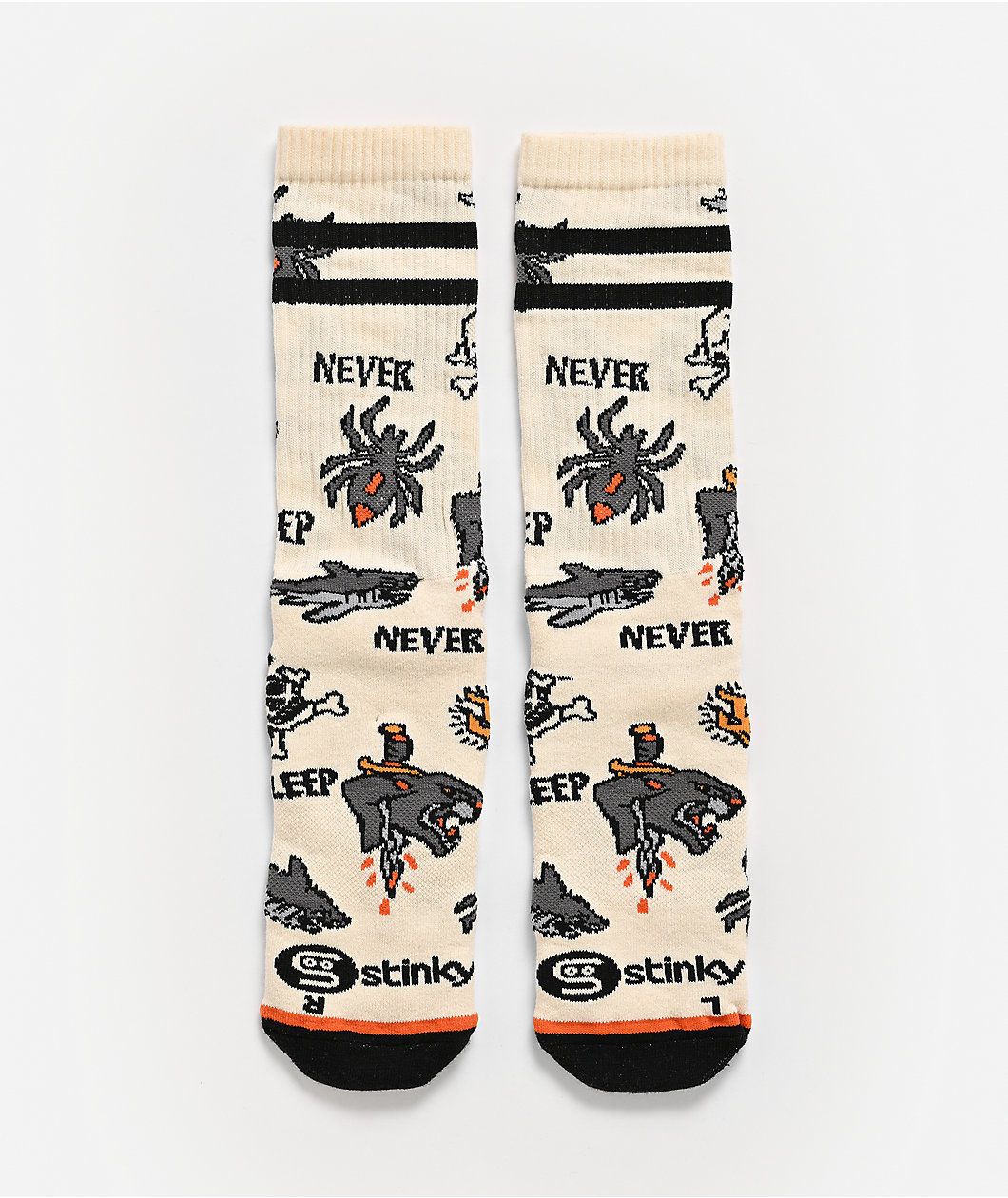 Stinky Socks Never Sleep Beige Crew Socks