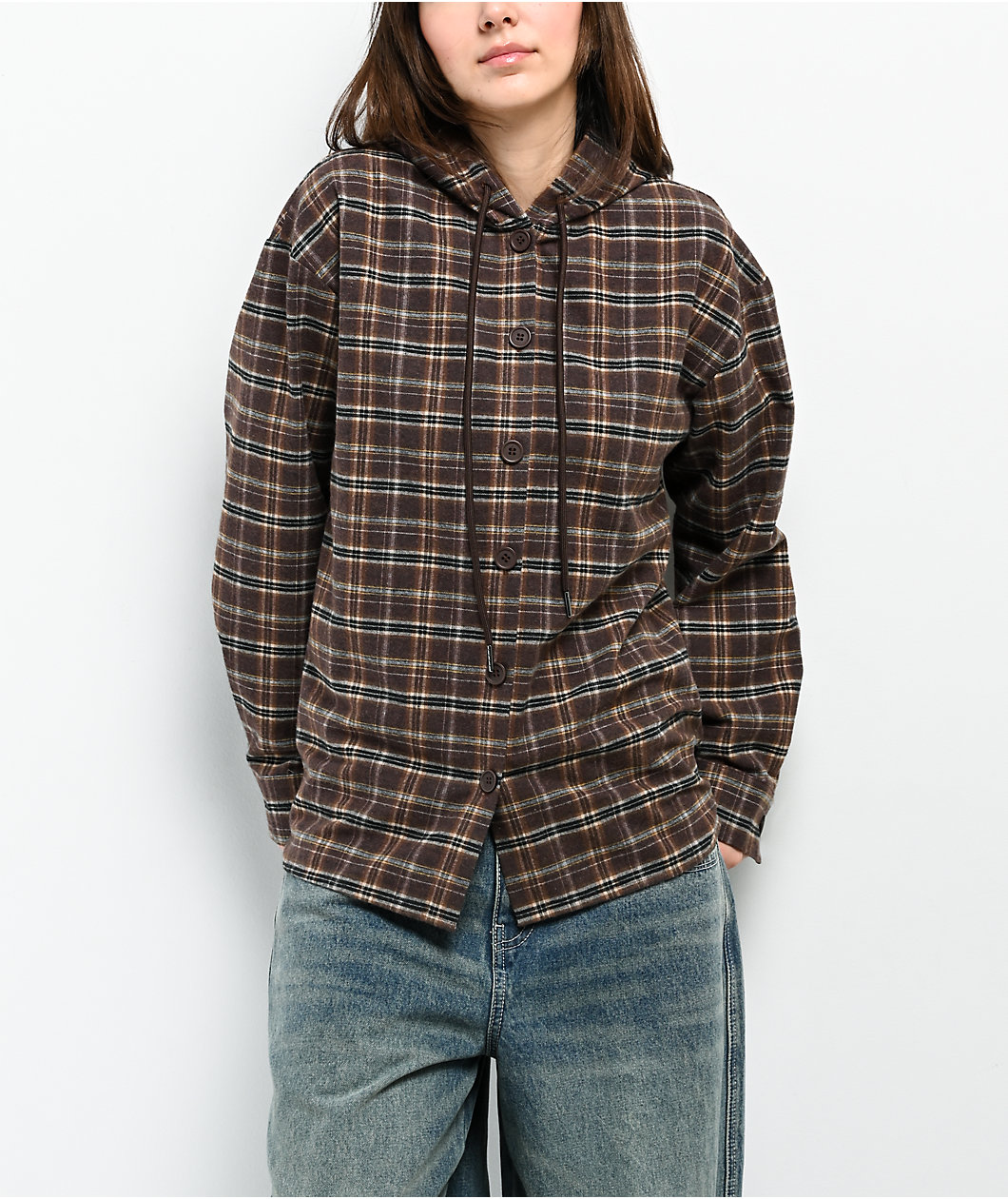 Stitch Fusion Brown Plaid Hooded Flannel Shirt