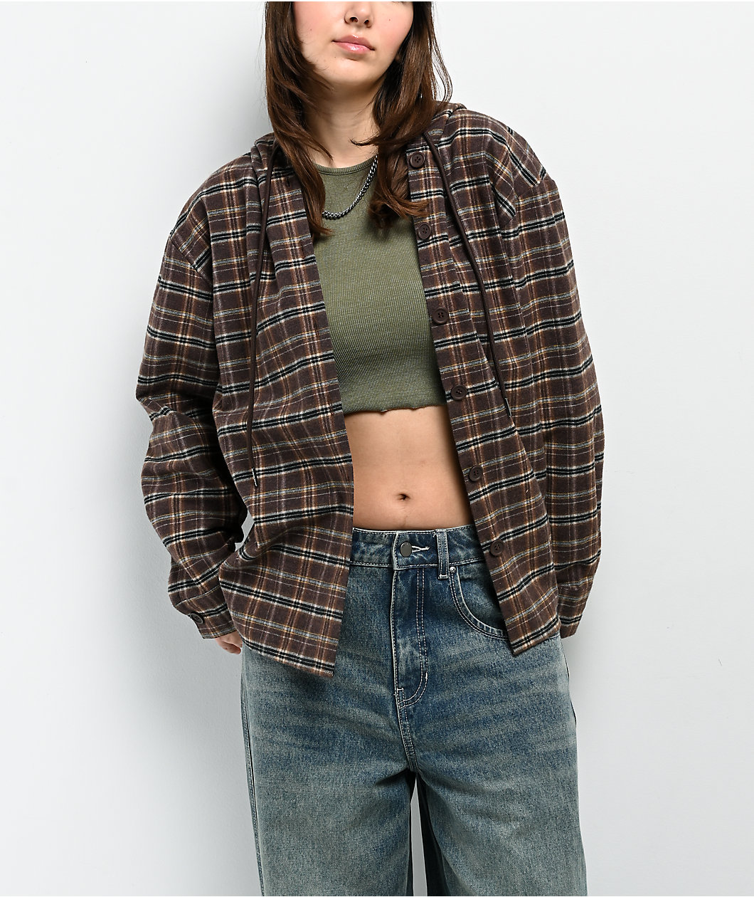 Stitch Fusion Brown Plaid Hooded Flannel Shirt