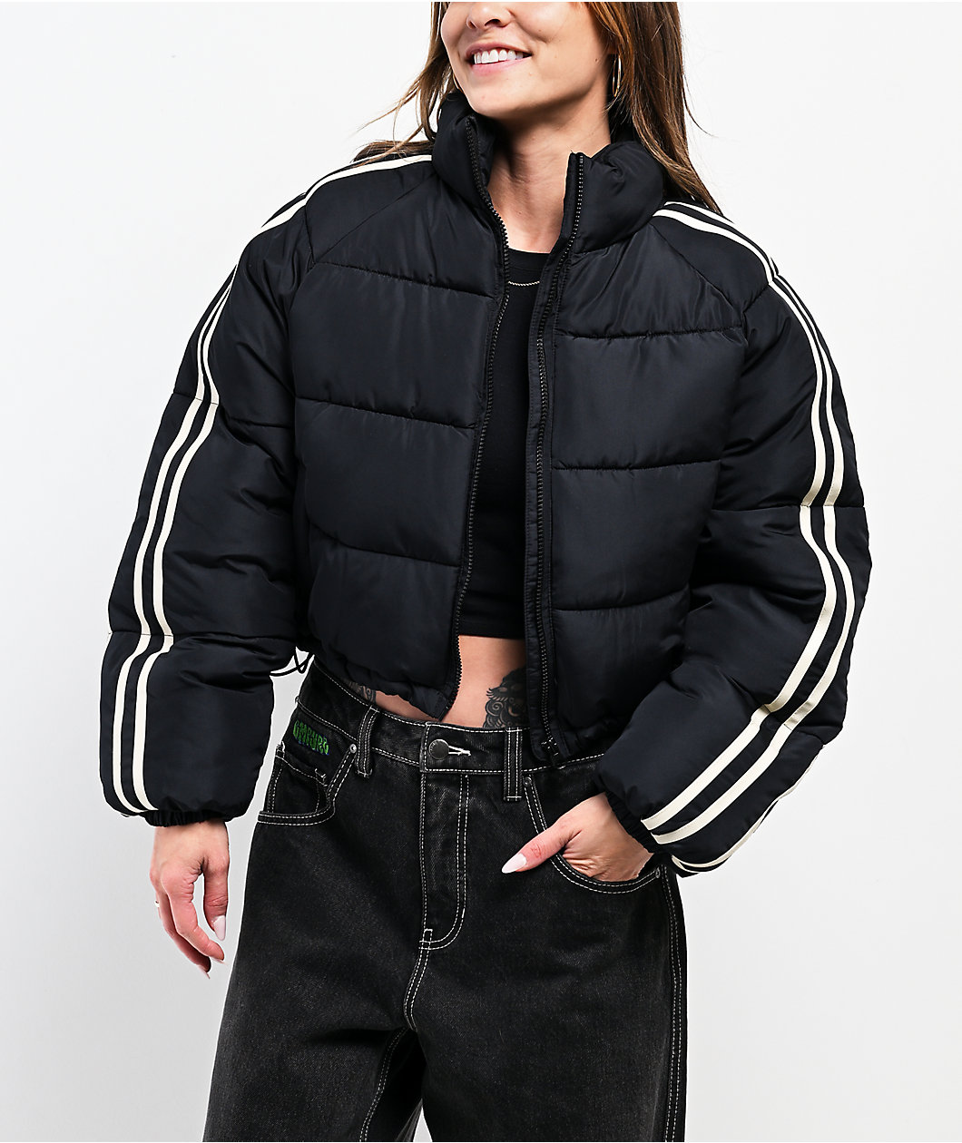Stitch Fusion Stripe Black Crop Puffer Jacket