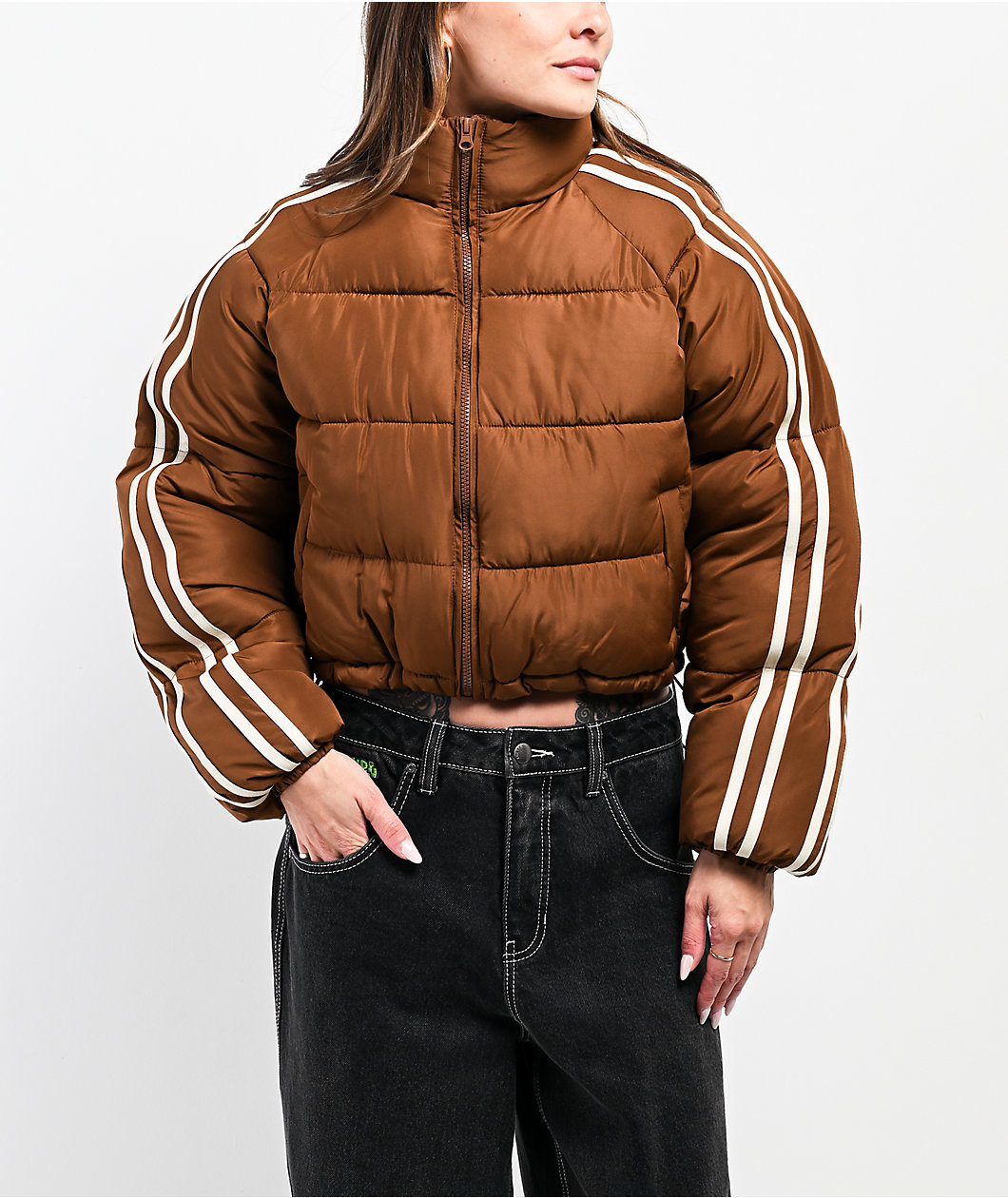 Stitch Fusion Stripe Brown Crop Puffer Jacket