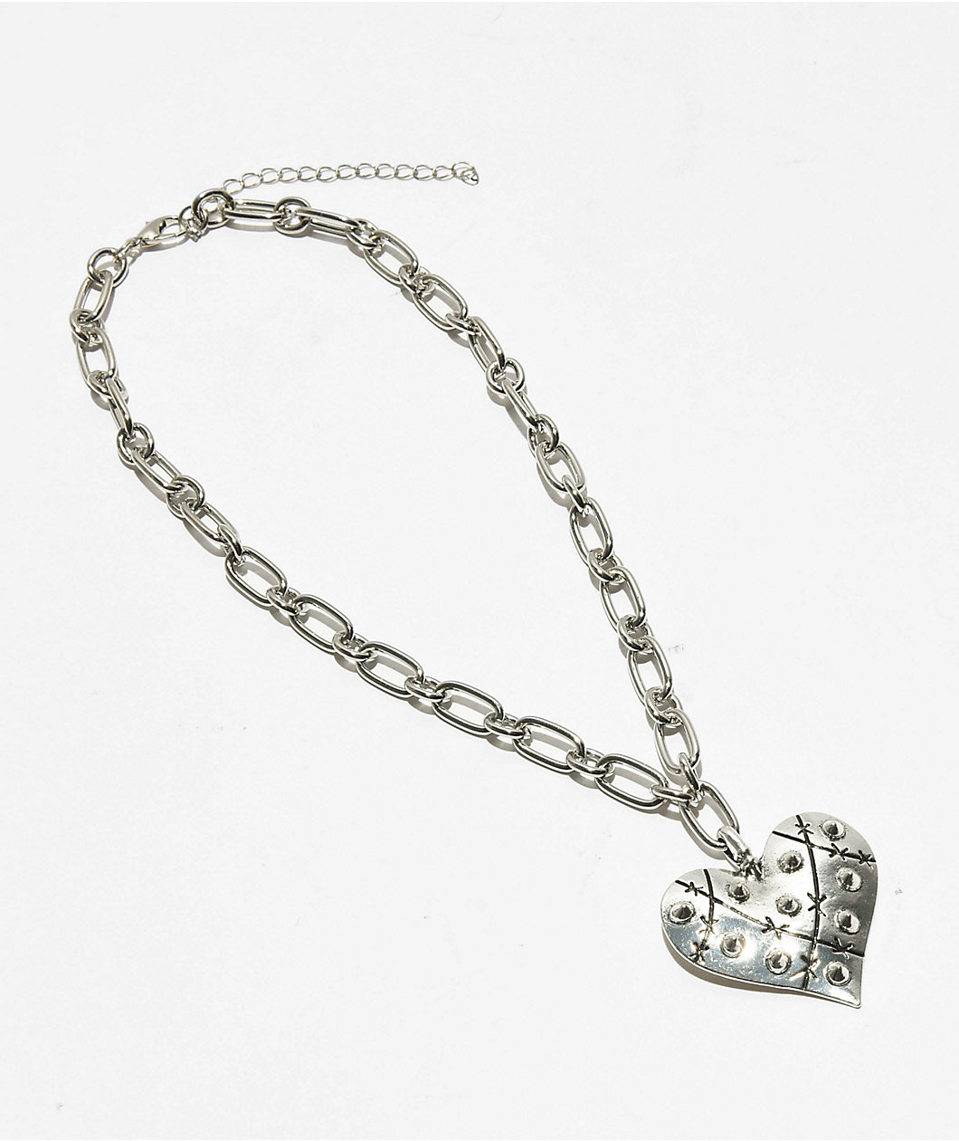 Stone + Locket Spiked Heart 16" Silver Necklace