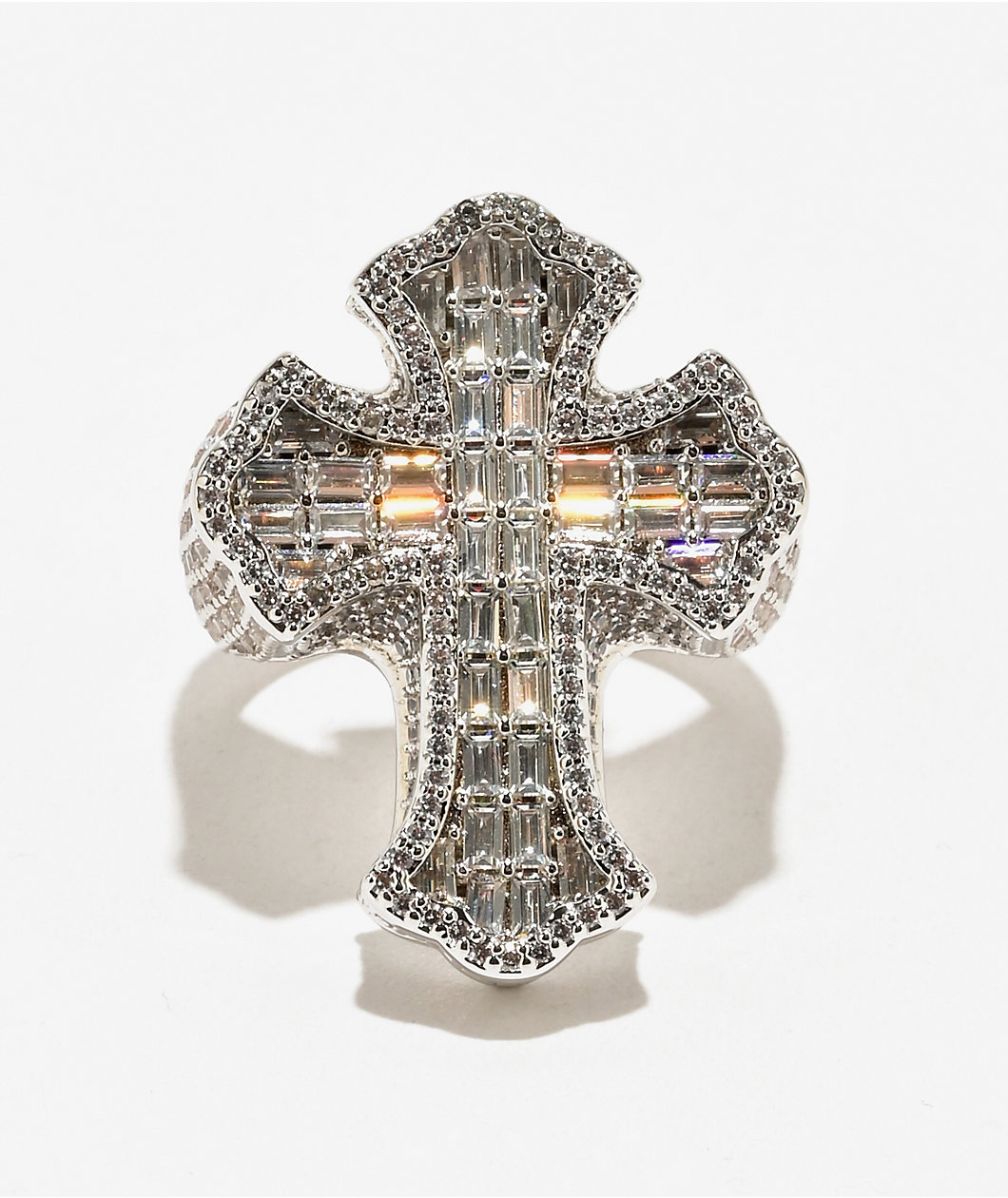 The Gold Gods White Gold Baguette Cross Ring