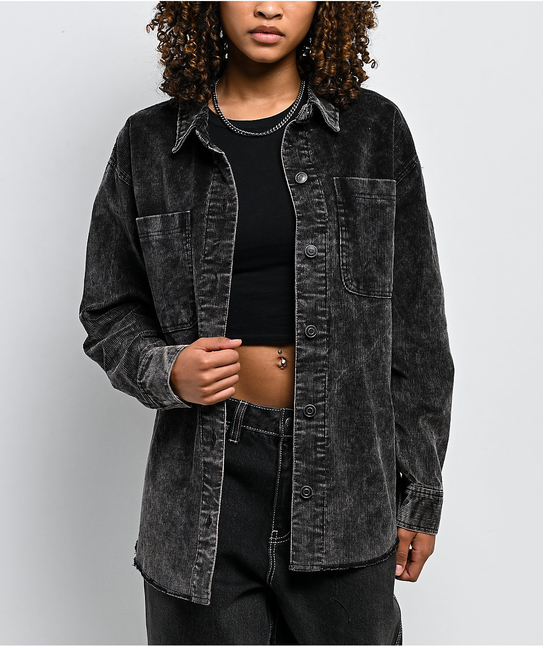 Thread & Supply Corduroy Grey Wash Long Sleeve Button Up Shirt