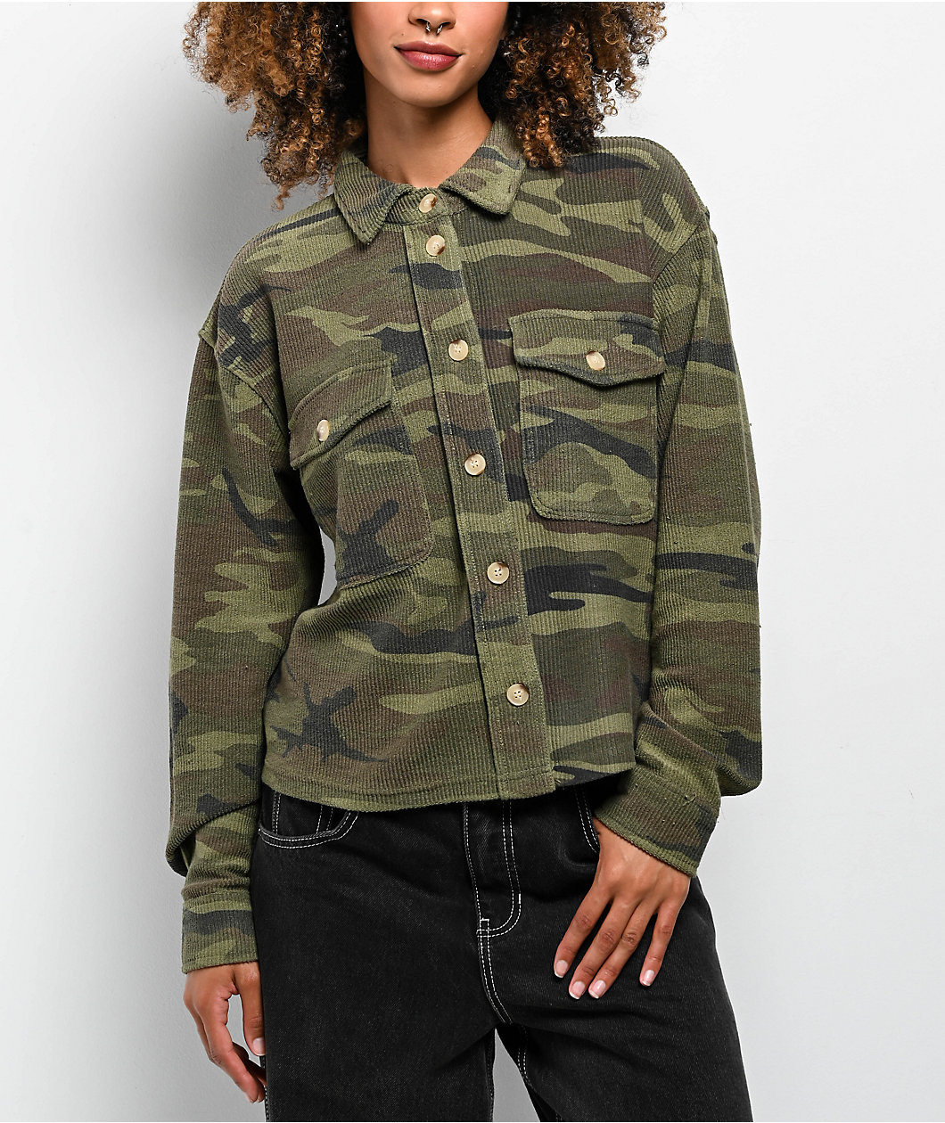 Thread & Supply Ranger Camo Crop Long Sleeve Button Up Shirt