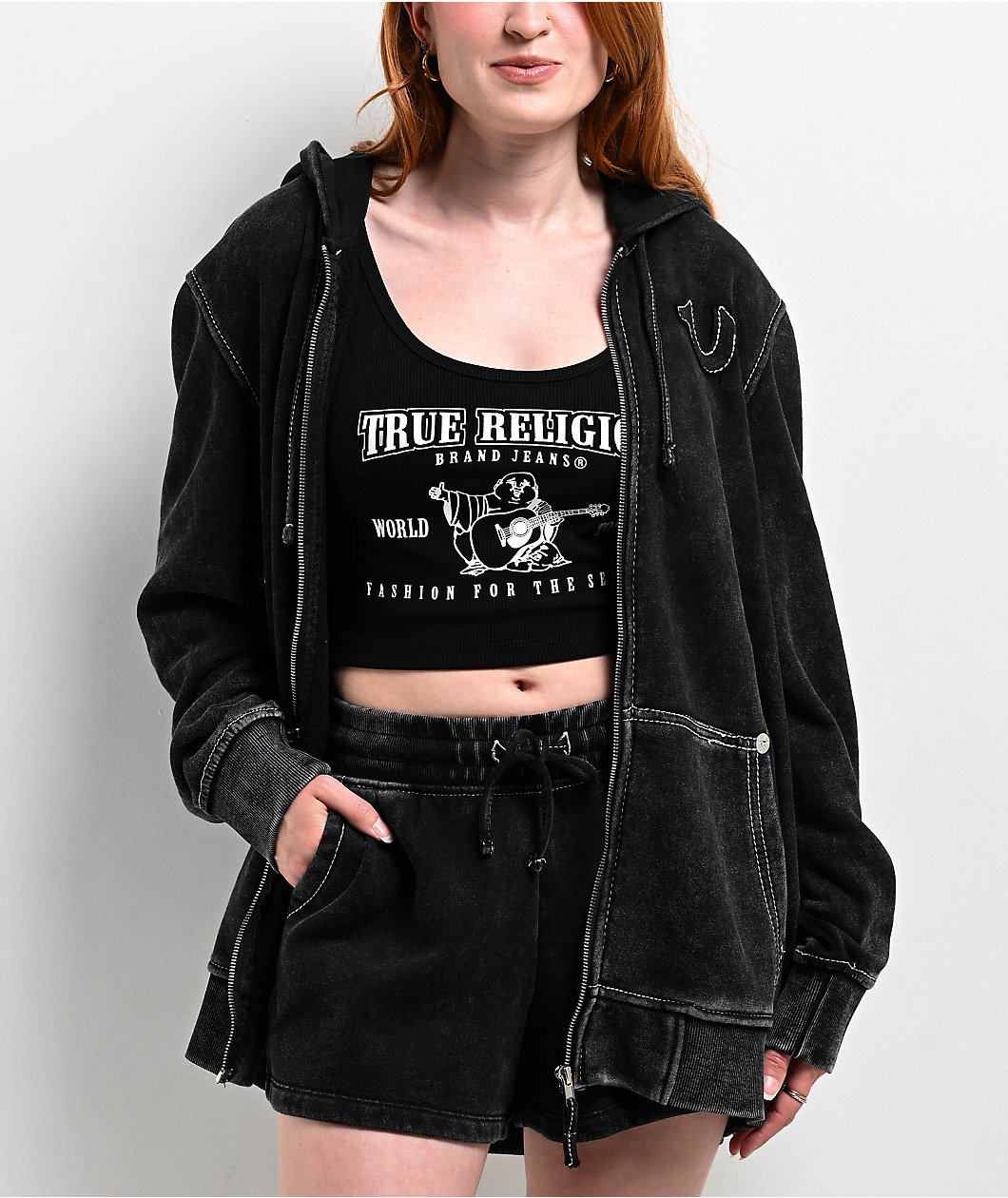 True Religion Acid Wash Big T Boyfriend Black Zip Hoodie