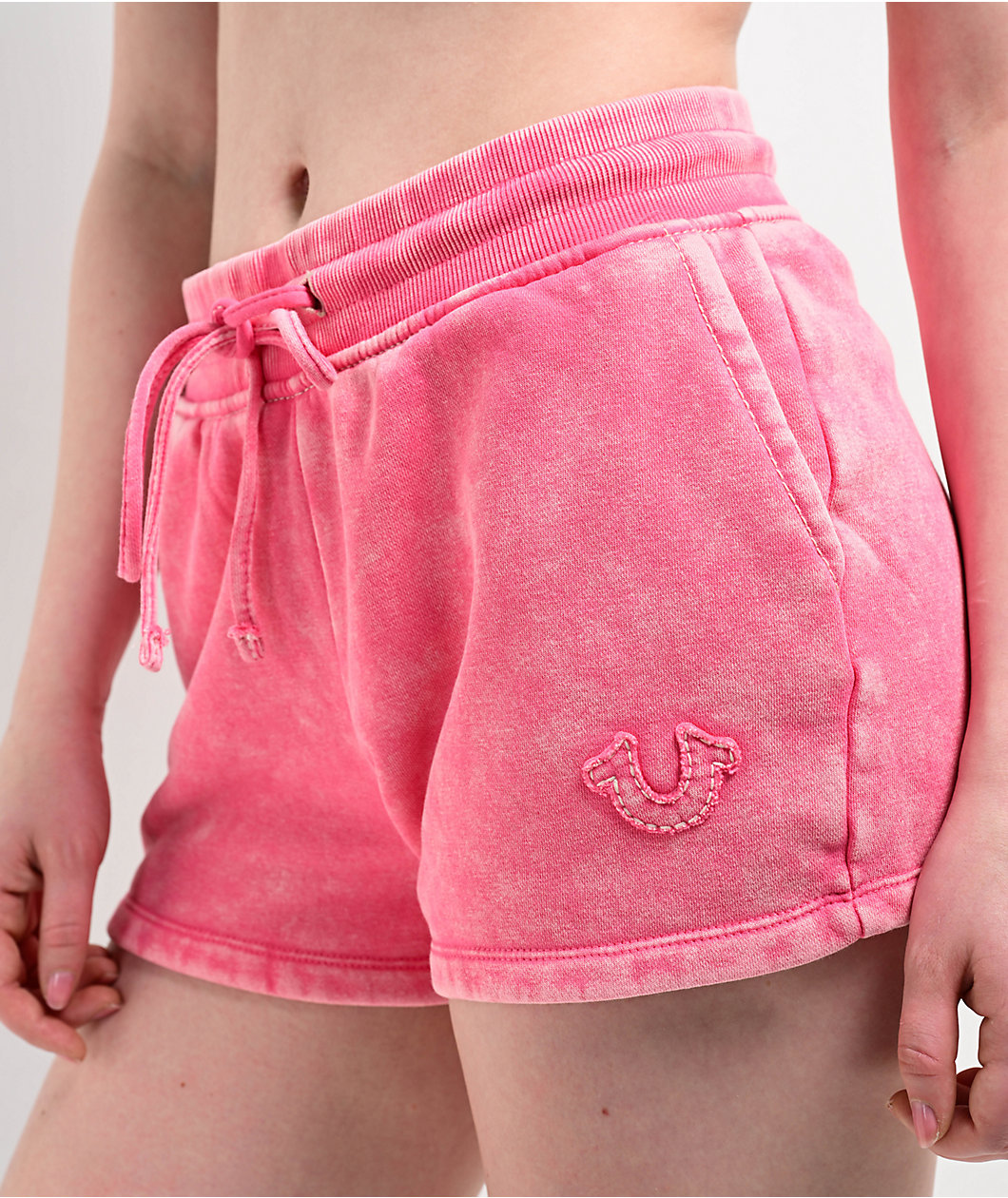 True Religion Acid Wash Big T Hot Pink Sweat Shorts