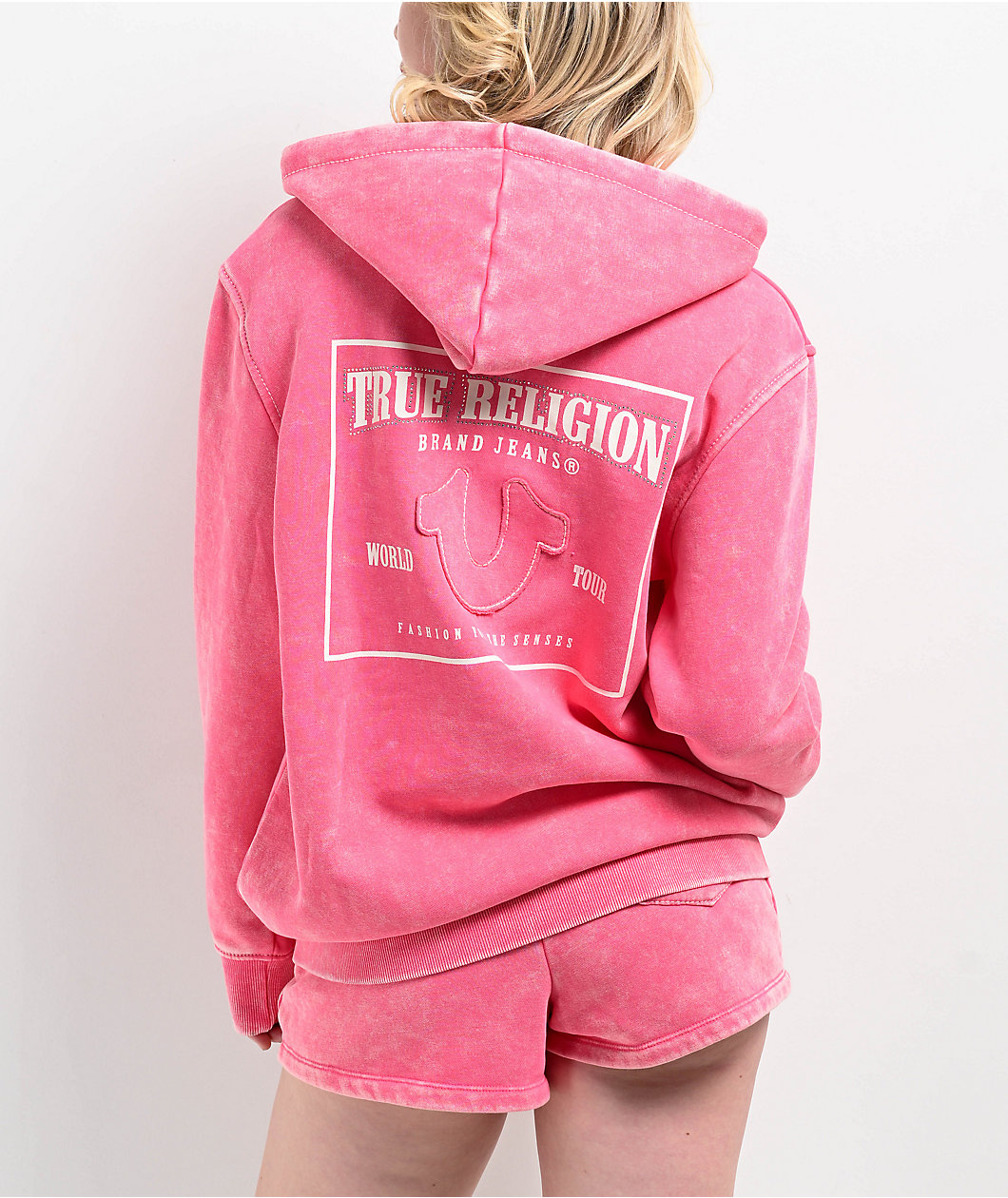 True Religion Acid Wash Big T Hot Pink Zip Hoodie