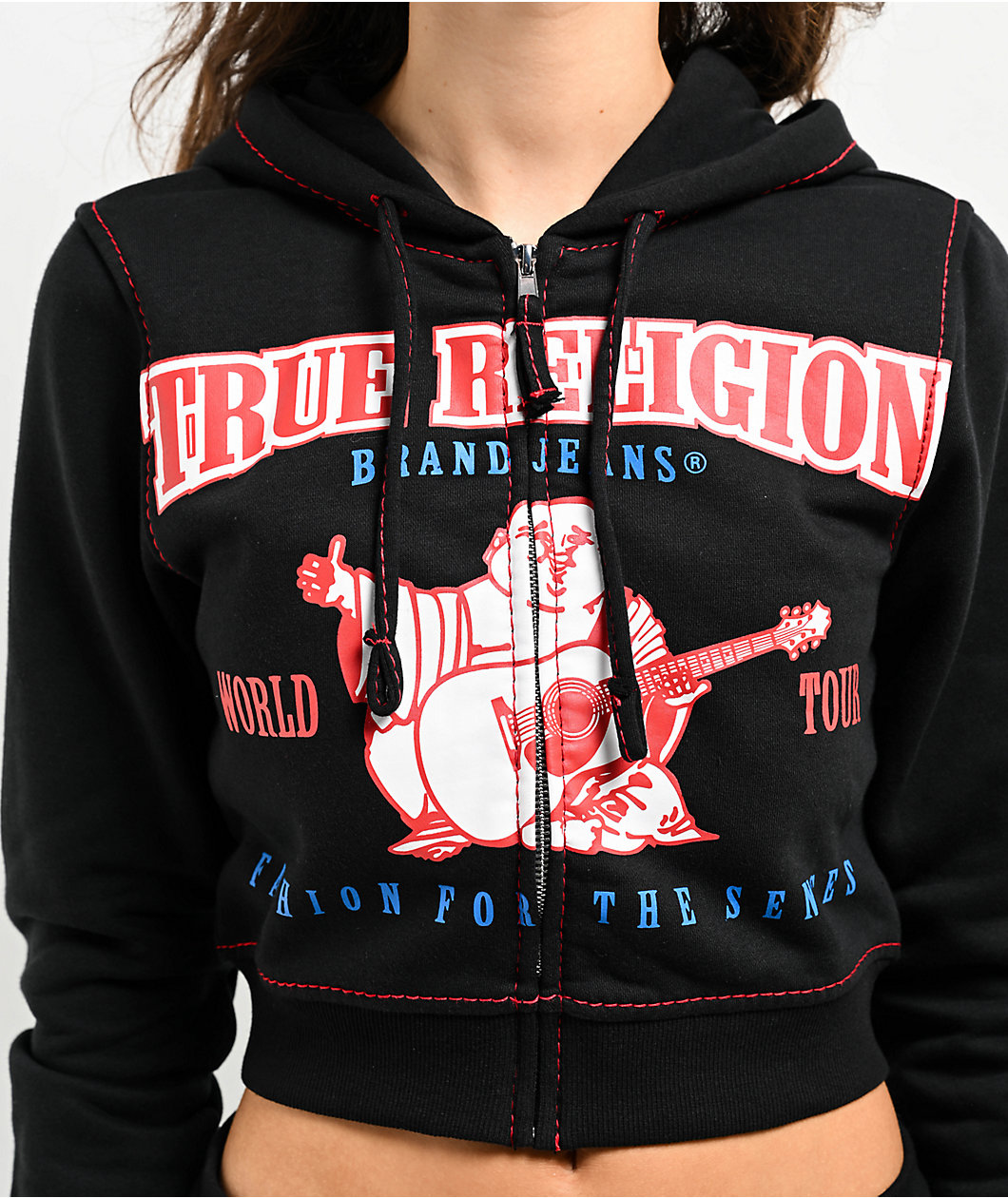 True Religion Anniversary Big T Black Crop Zip Hoodie