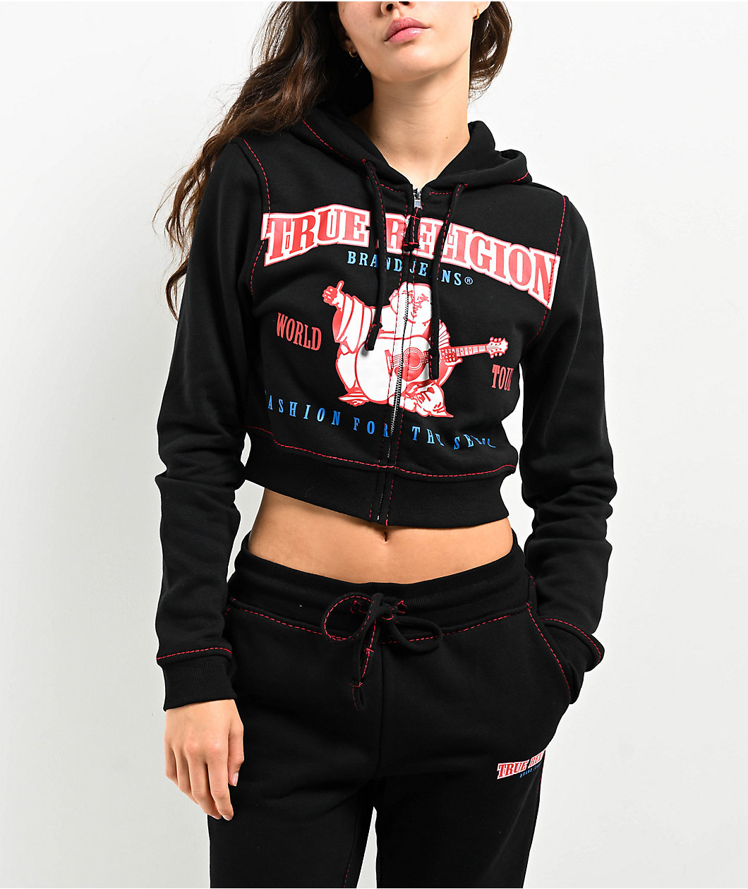 True Religion Anniversary Big T Black Crop Zip Hoodie