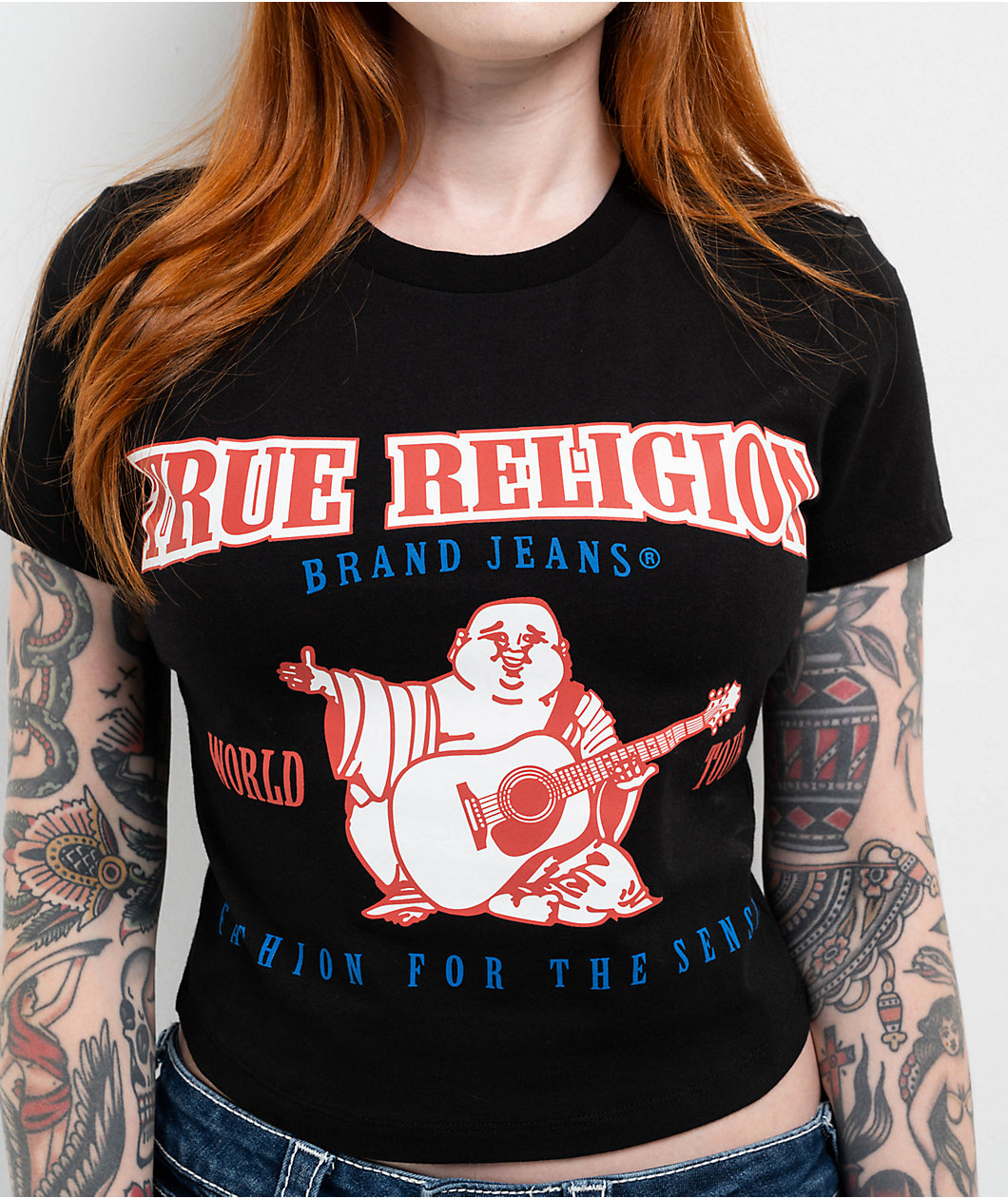 True Religion Anniversary Buddha Logo Black Crop T-Shirt