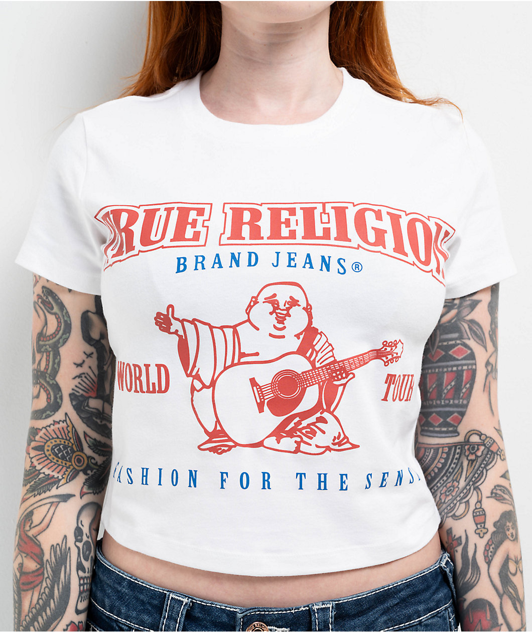 True Religion Anniversary Buddha Logo White Crop T-Shirt