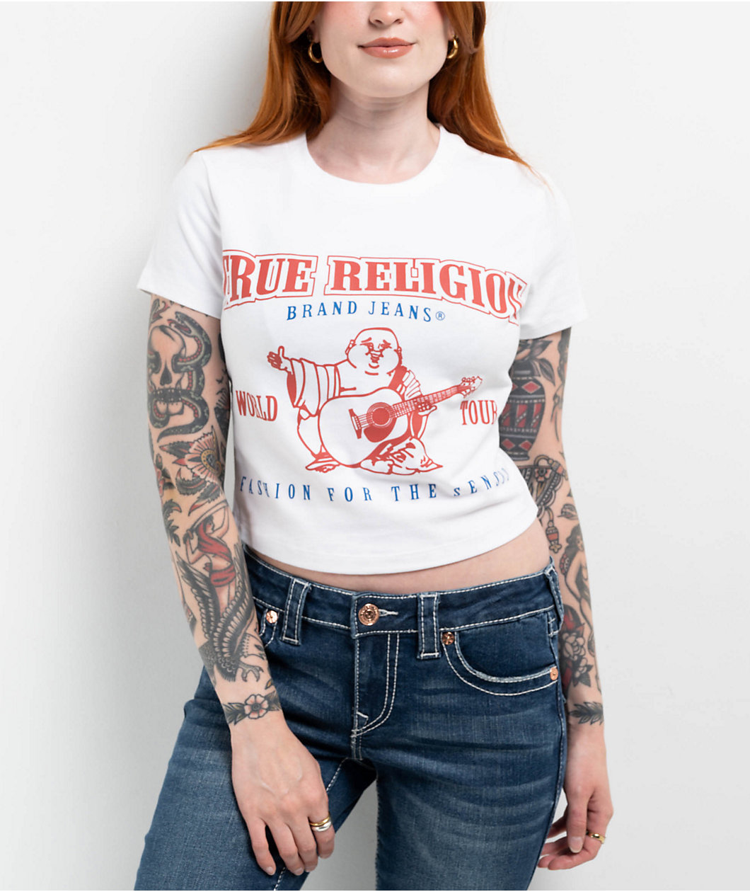 True Religion Anniversary Buddha Logo White Crop T-Shirt