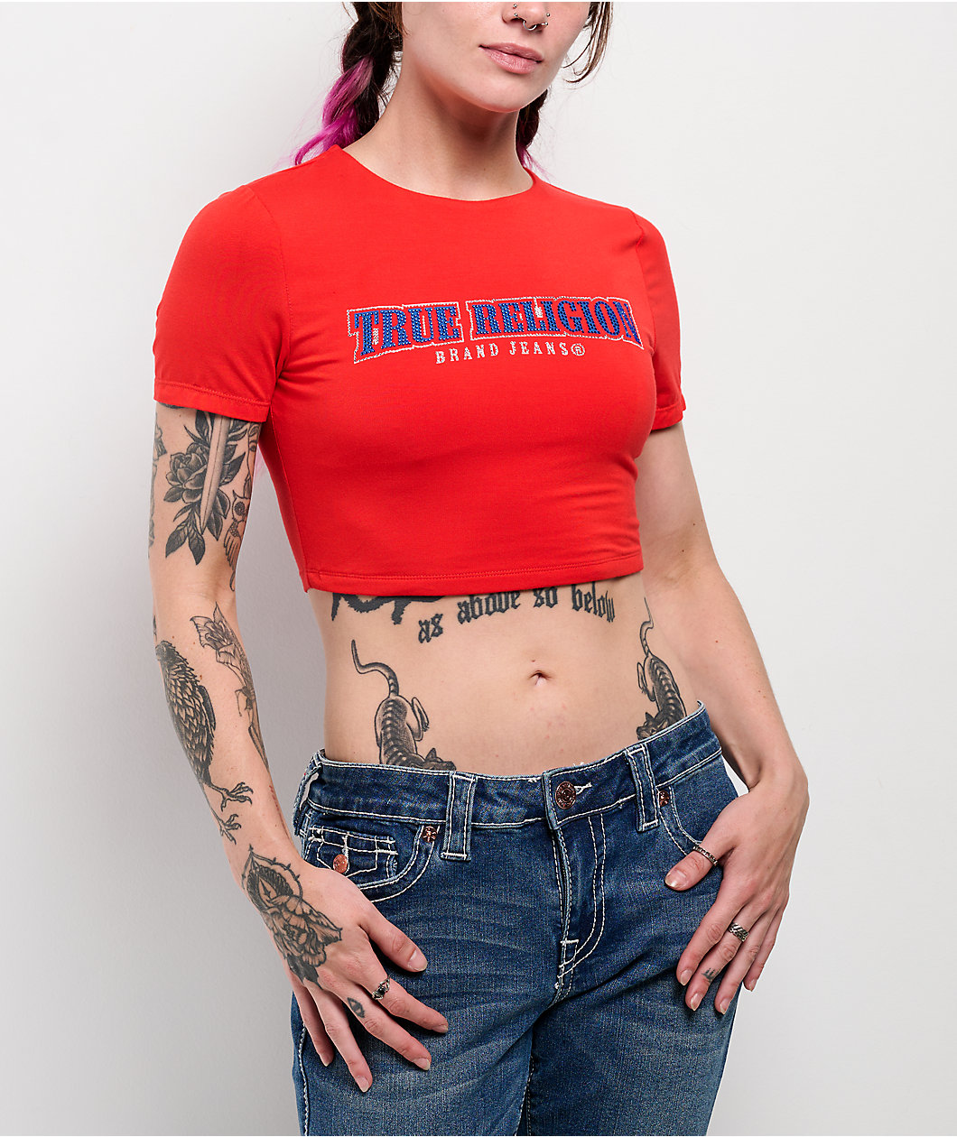 True Religion Anniversary Crystal Spicy Red Crop T-Shirt