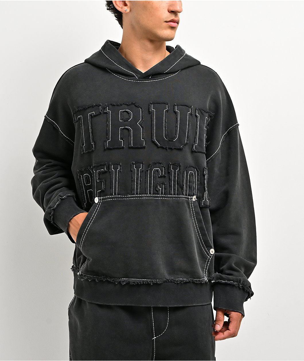True Religion Appliqué Big T Black Wash Hoodie