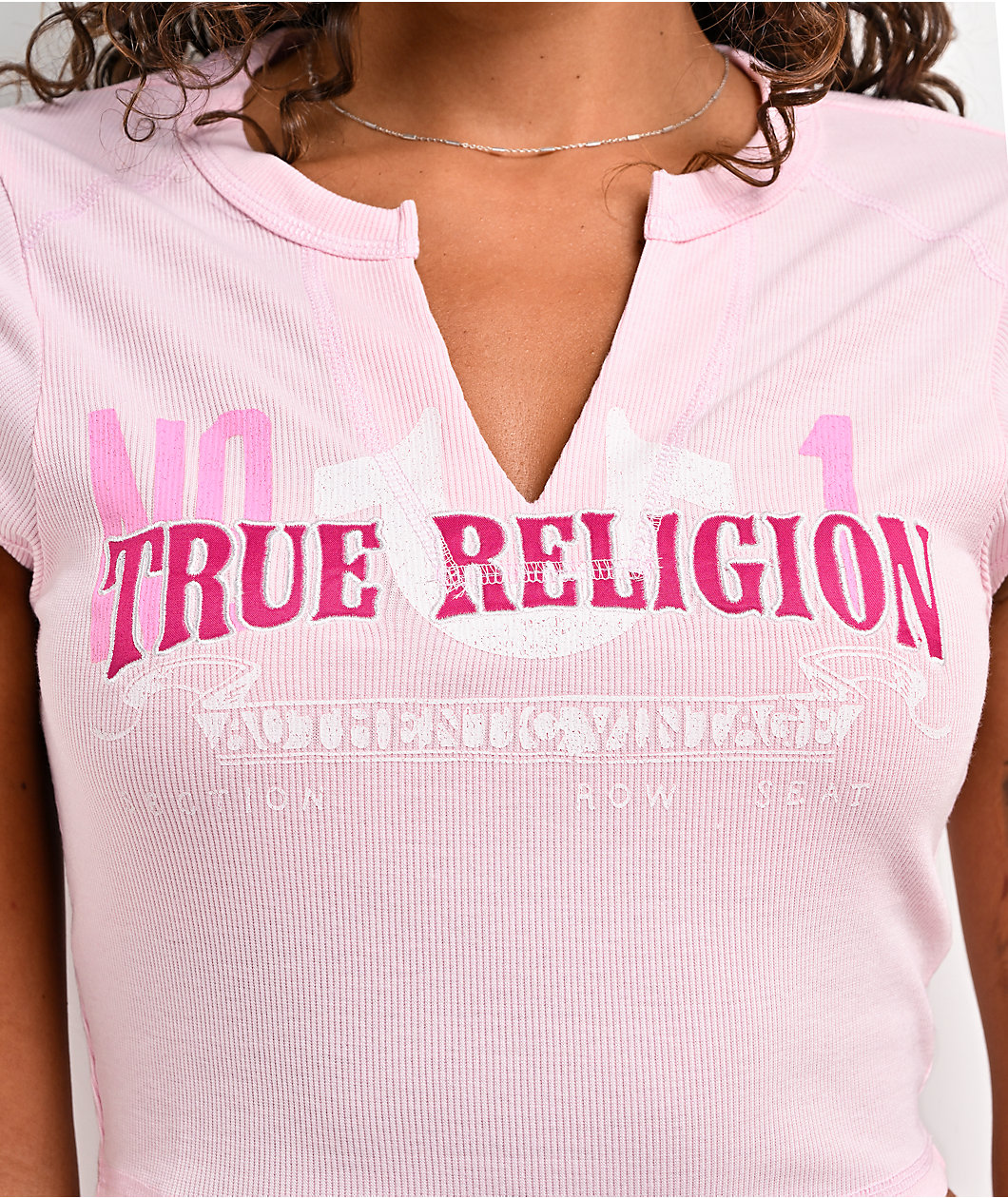 True Religion Appliqué Ribbed V Notch Pink Crop T-Shirt