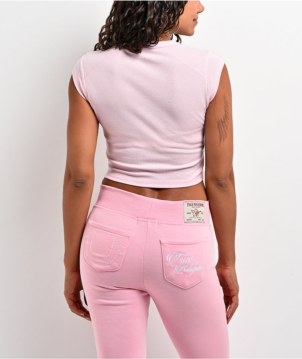 True Religion Appliqué Ribbed V Notch Pink Crop T-Shirt