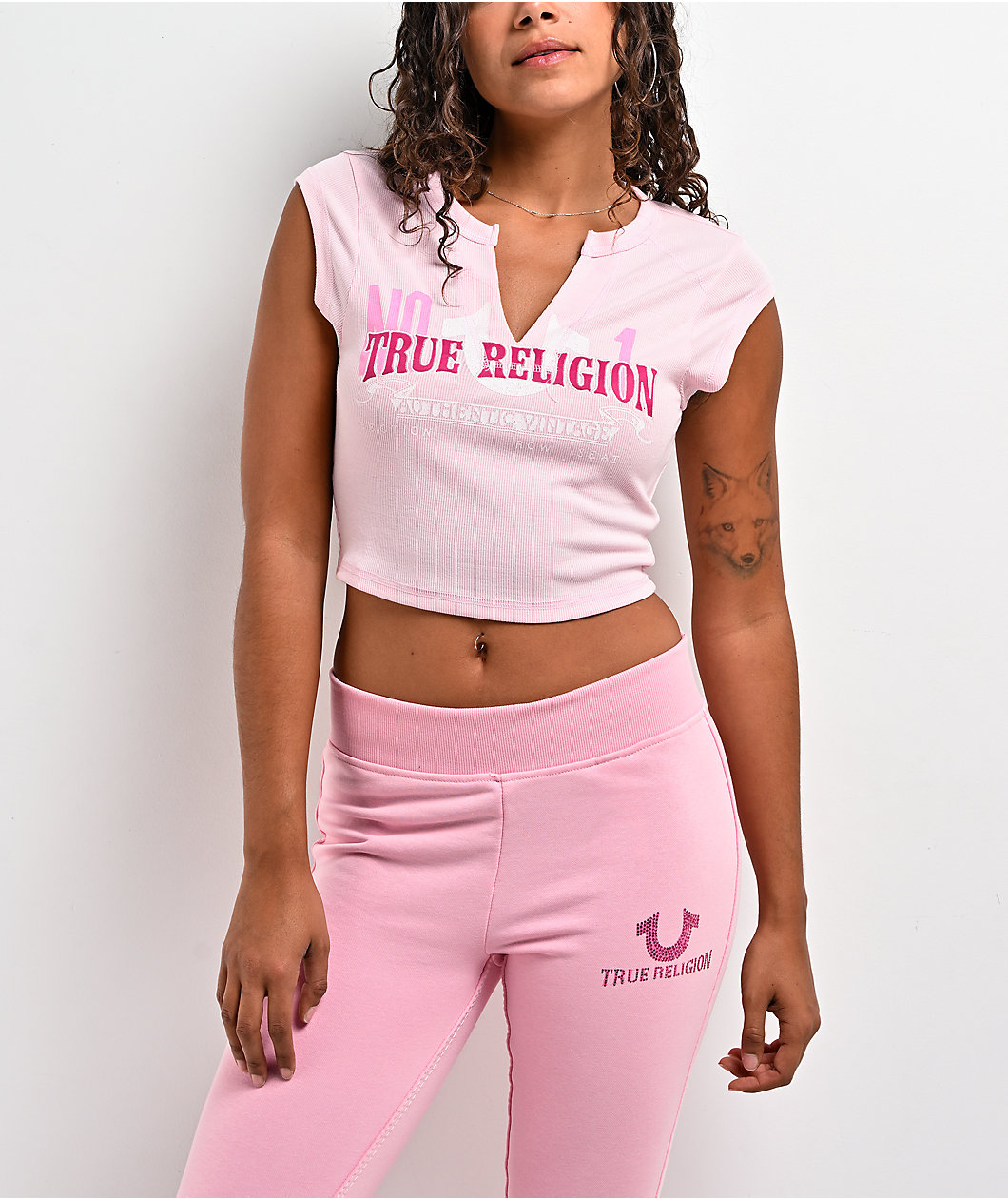 True Religion Appliqué Ribbed V Notch Pink Crop T-Shirt