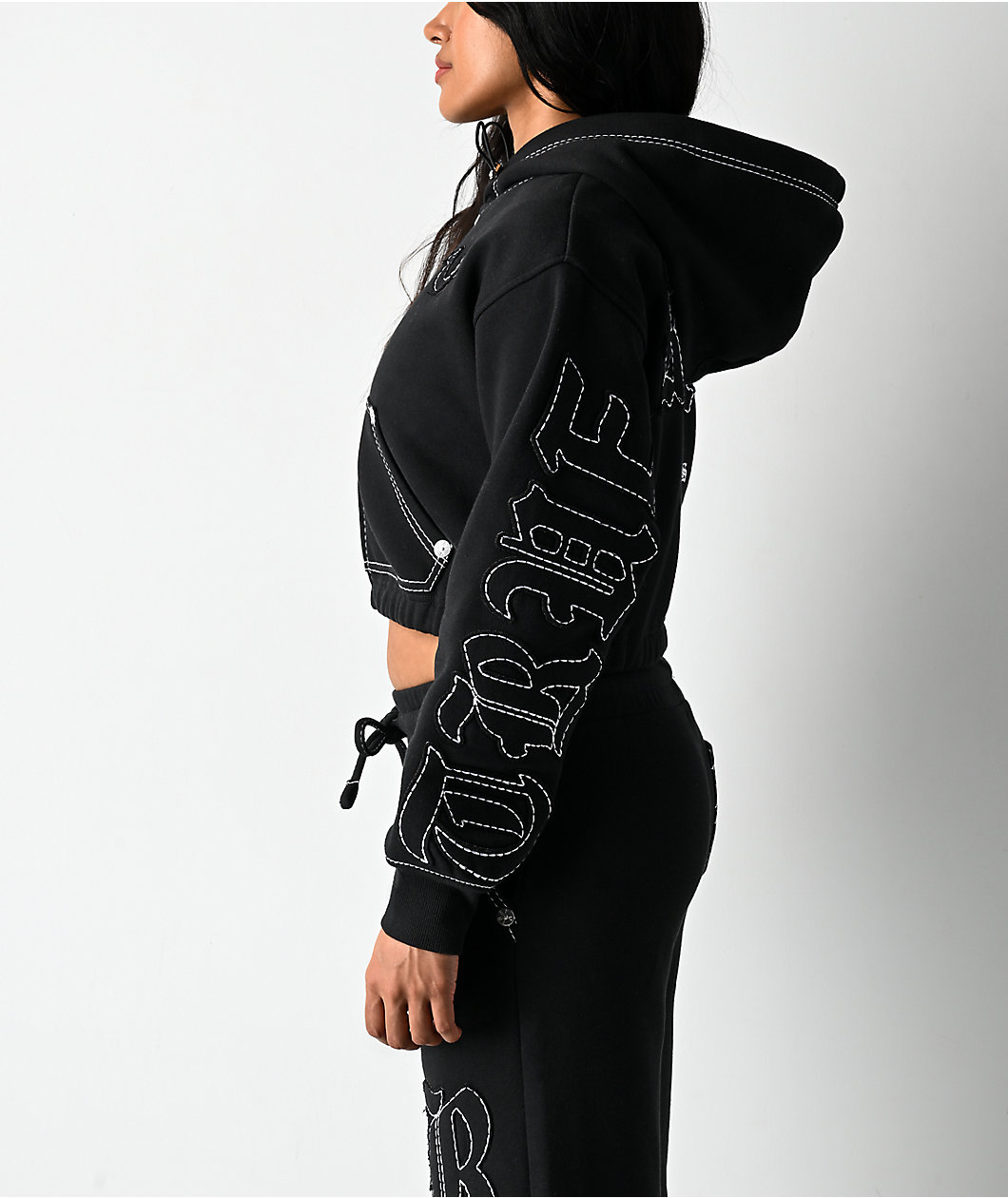 True Religion Applique Black Crop Zip Hoodie