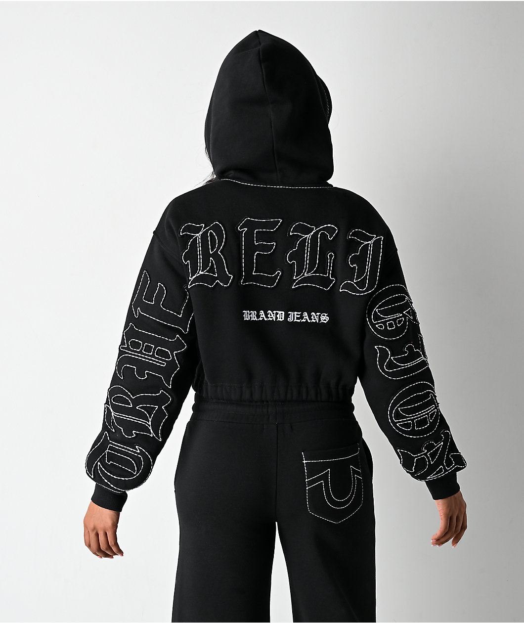 True Religion Applique Black Crop Zip Hoodie