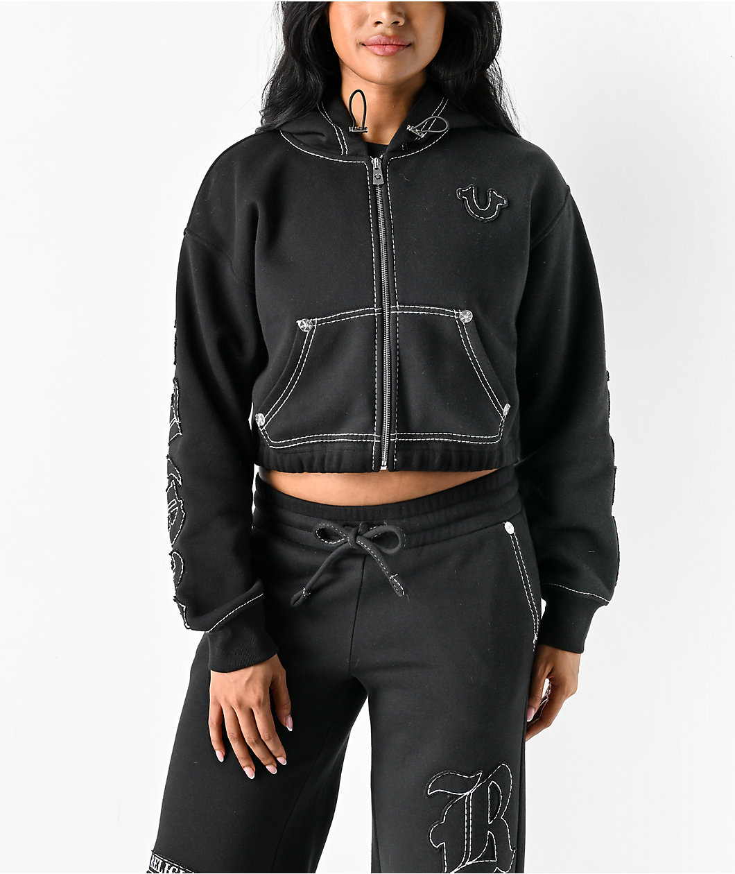 True Religion Applique Black Crop Zip Hoodie