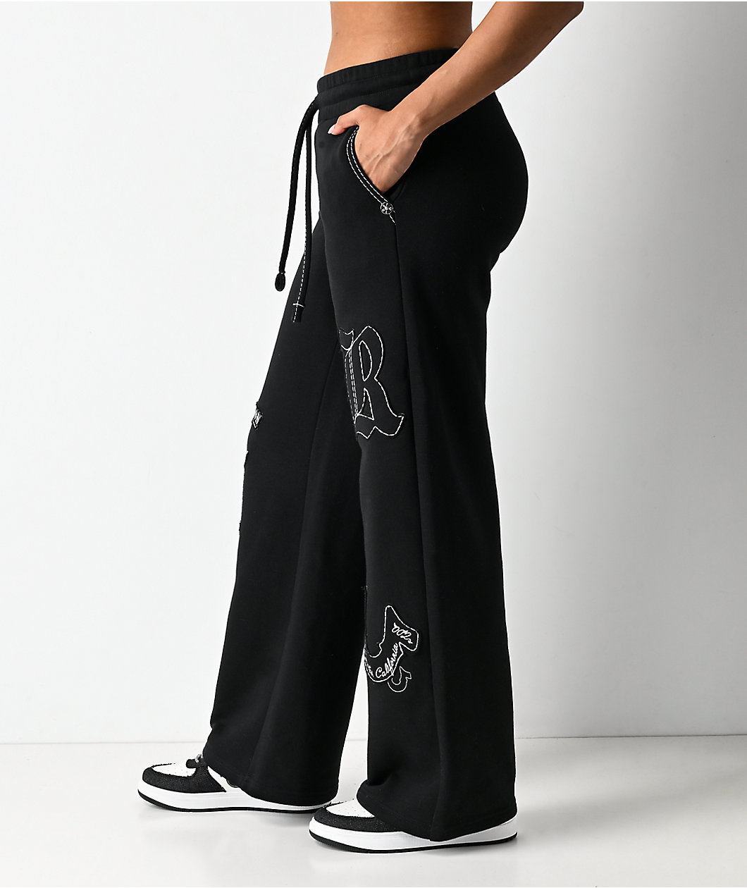 True Religion Applique Black Wide Leg Sweatpants
