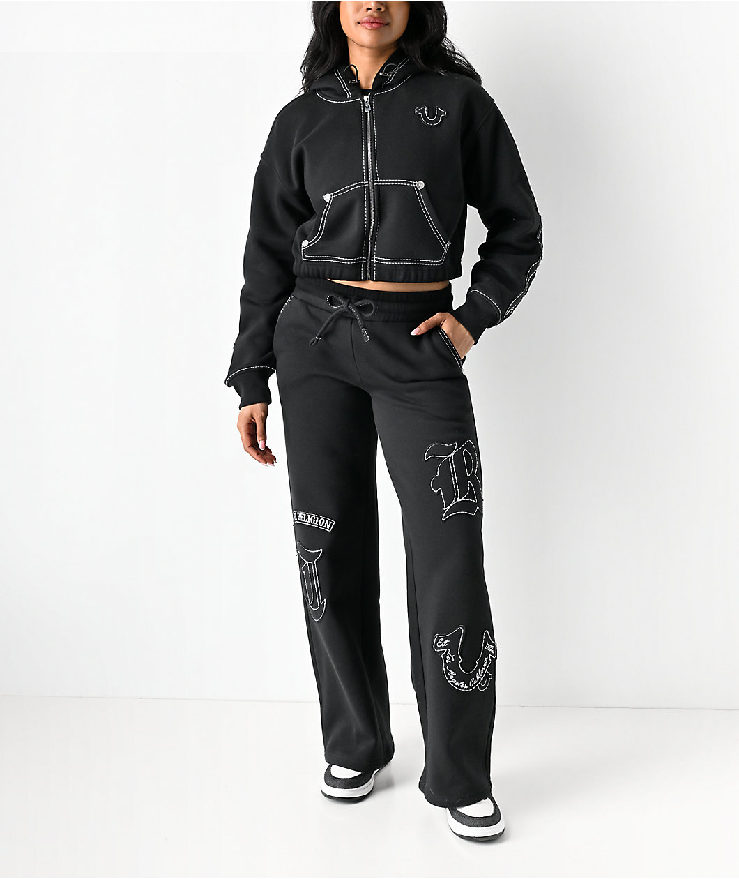 True Religion Applique Black Wide Leg Sweatpants