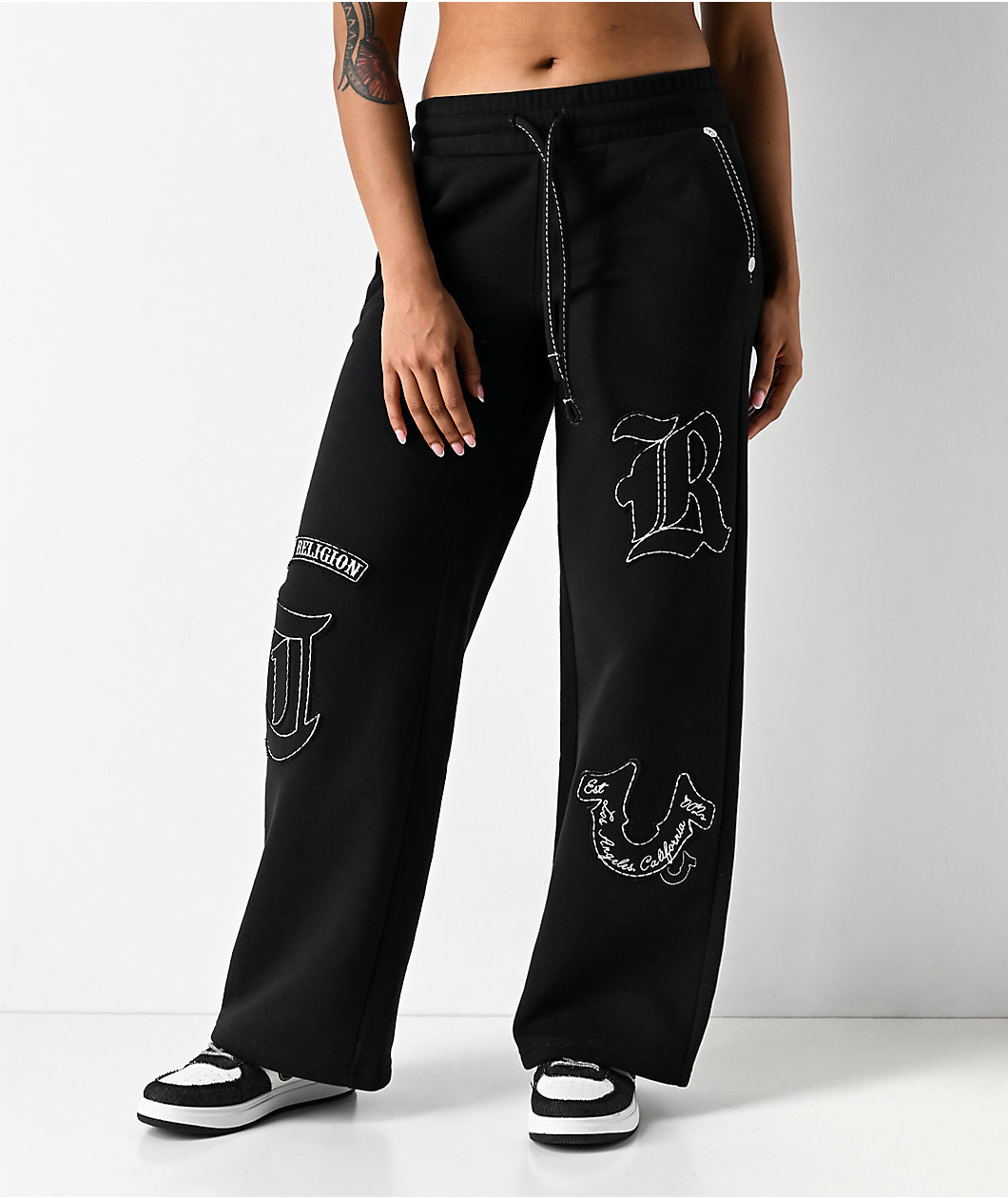 True Religion Applique Black Wide Leg Sweatpants