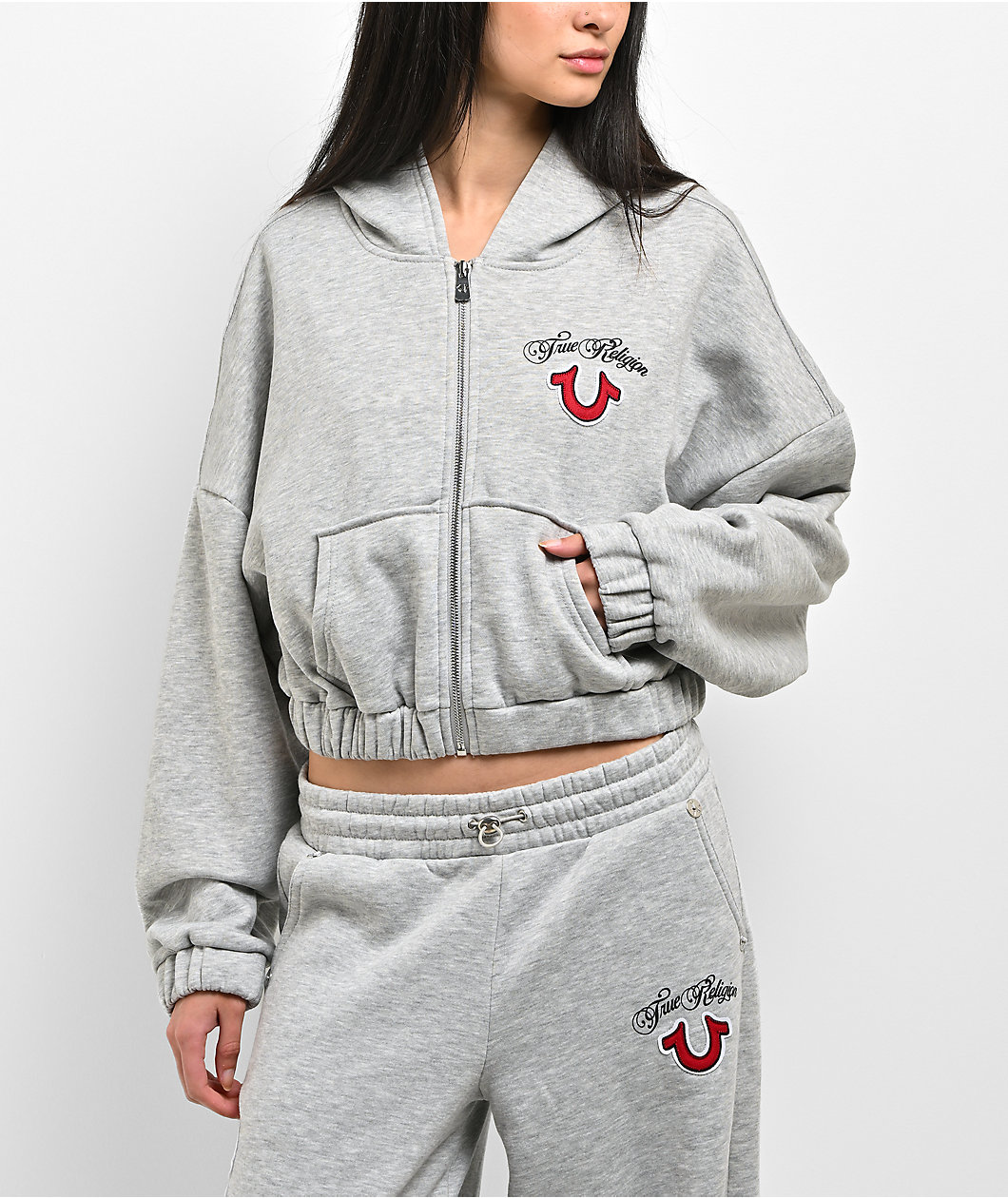 True Religion Applique Girlfriend Grey Crop Zip Hoodie