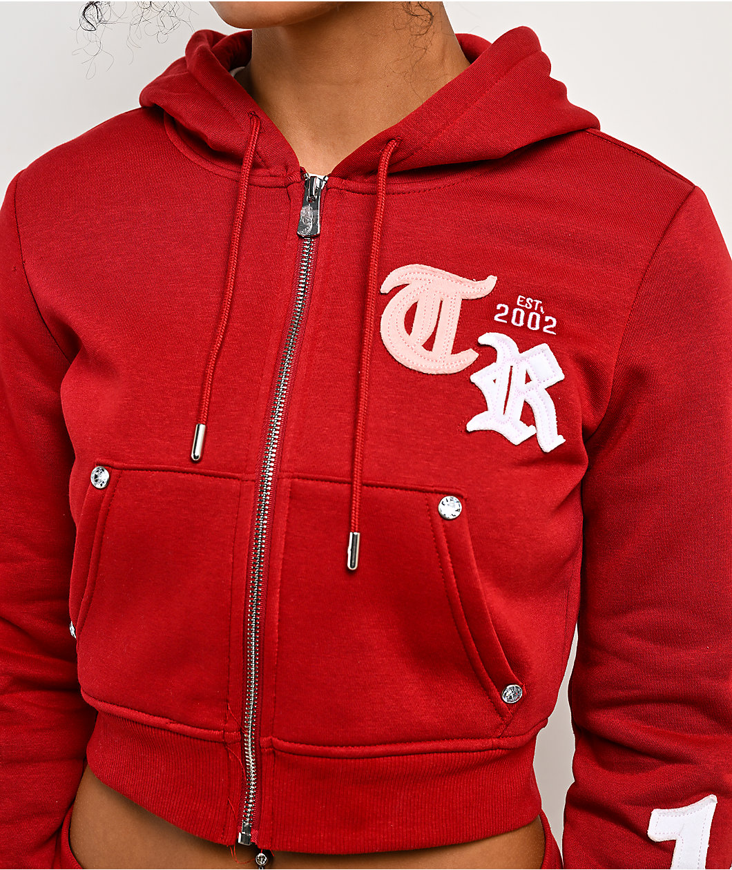 True Religion Applique Shrunken Red Crop Zip Hoodie