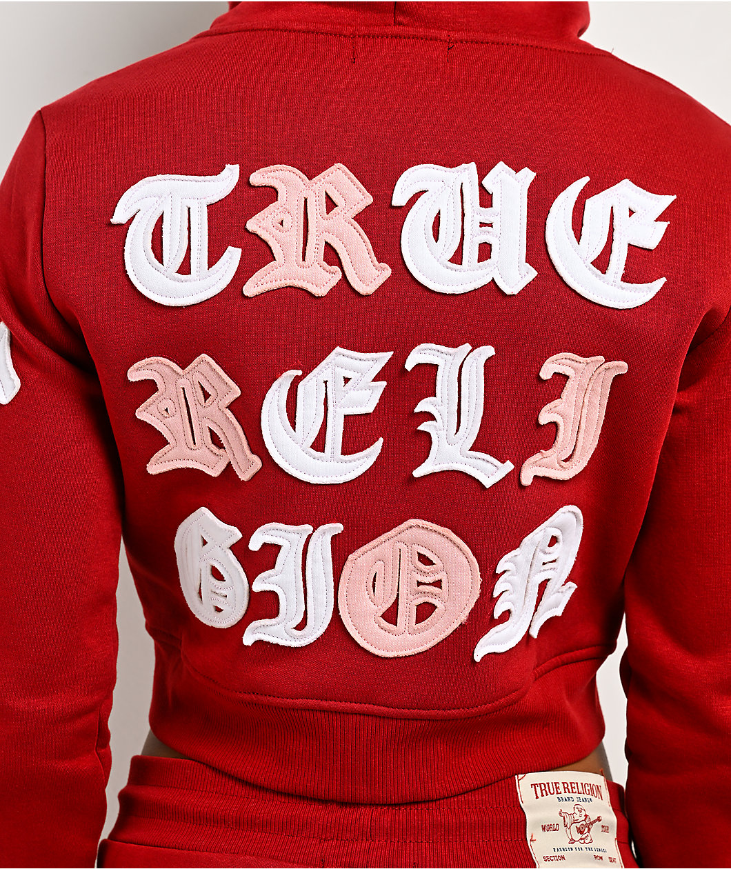 True Religion Applique Shrunken Red Crop Zip Hoodie