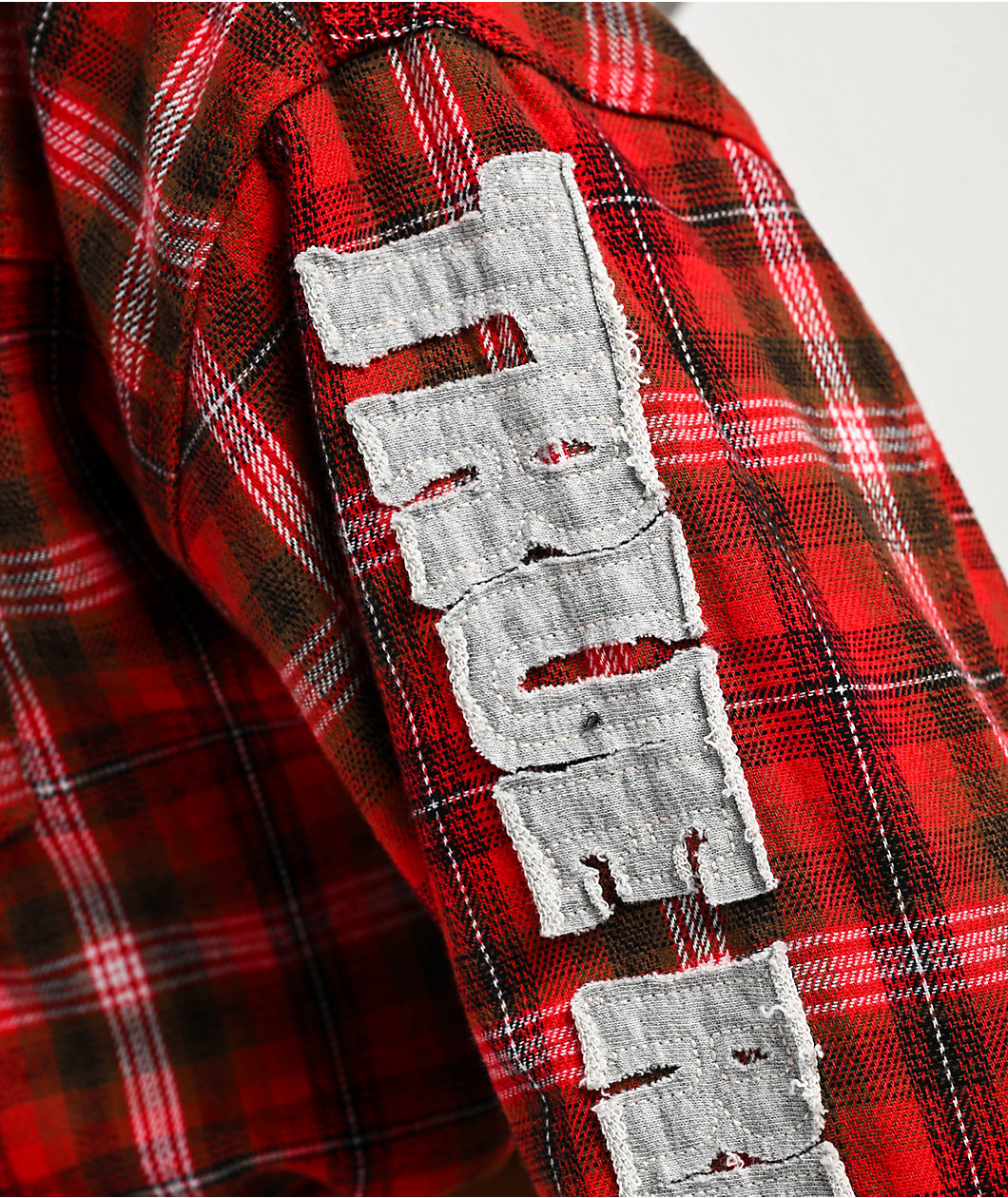 True Religion Applique Shrunken Red Plaid Flannel Crop Zip Hoodie